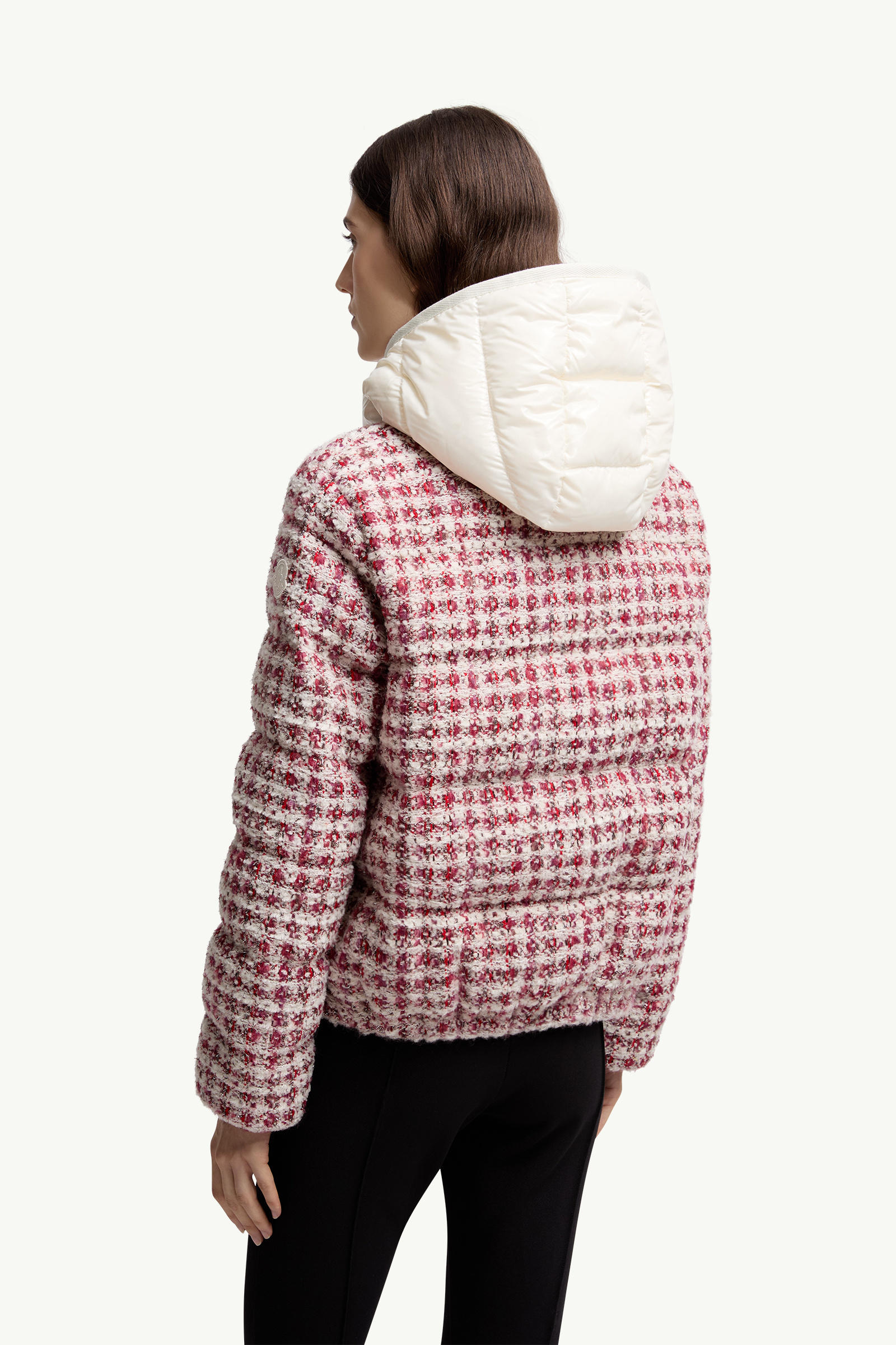 Andronne Tweed Hooded Short Down Jacket Women White & Red Moncler 4