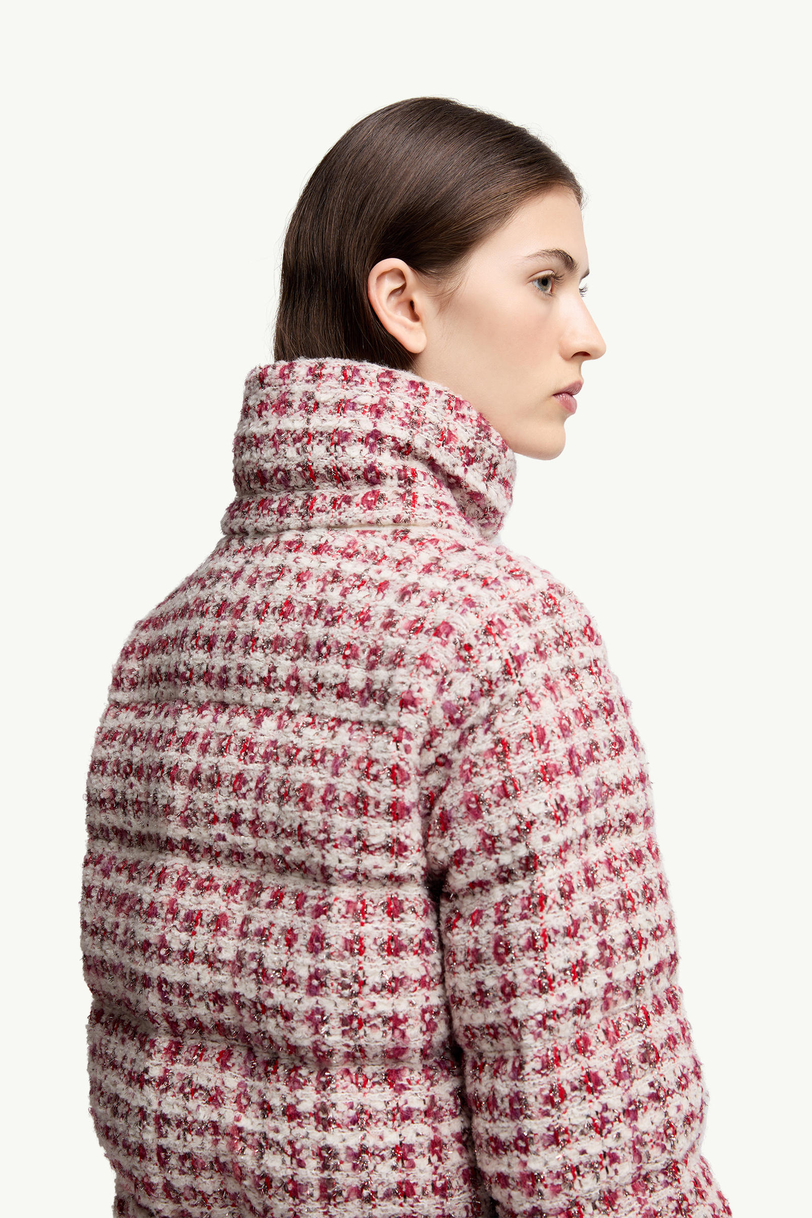 Andronne Tweed Hooded Short Down Jacket Women White & Red Moncler 5