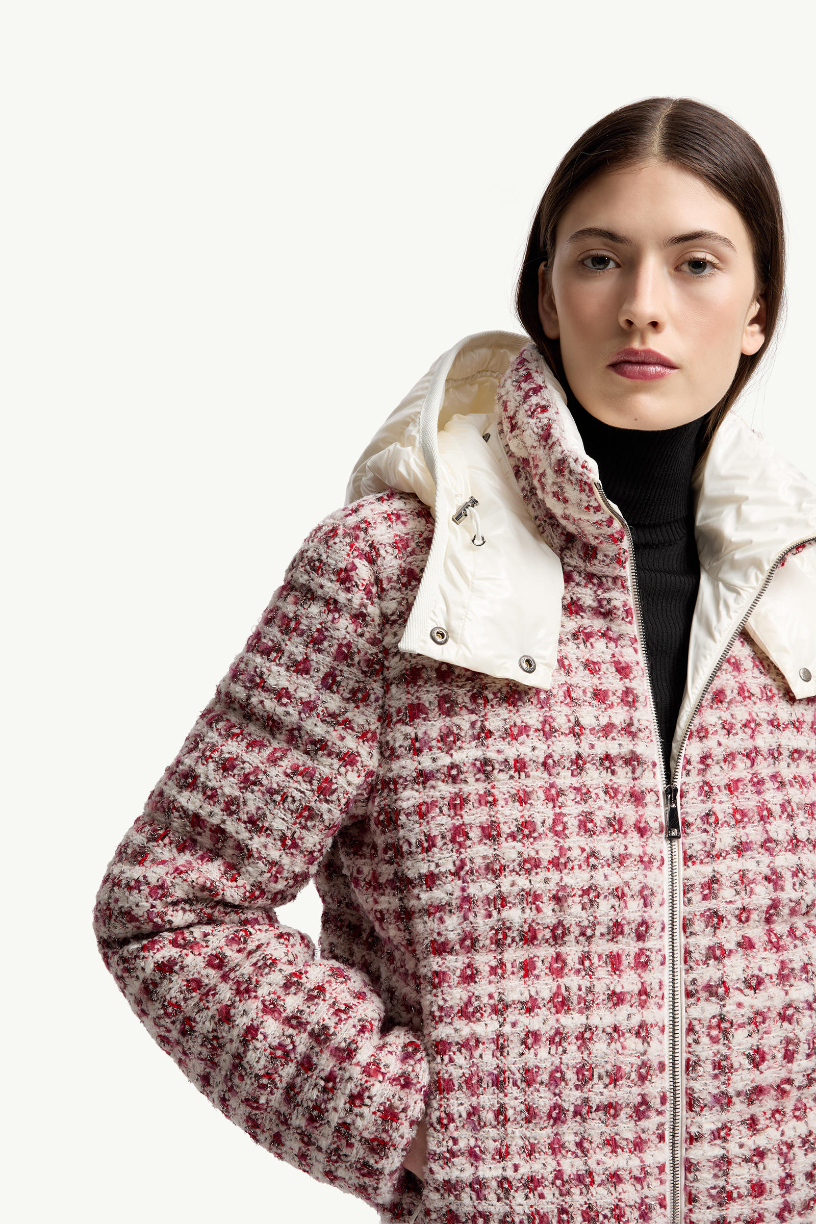 Andronne Tweed Hooded Short Down Jacket Women White & Red Moncler 6