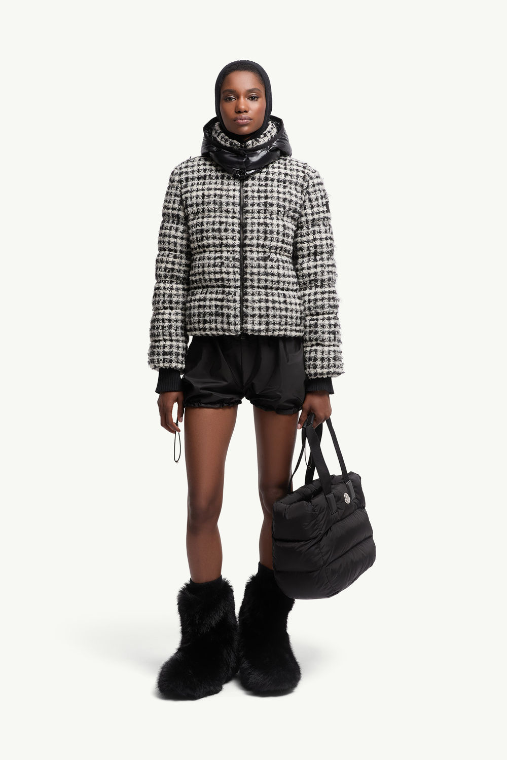 Andronne Tweed Hooded Short Down Jacket Women White & Black Moncler 0