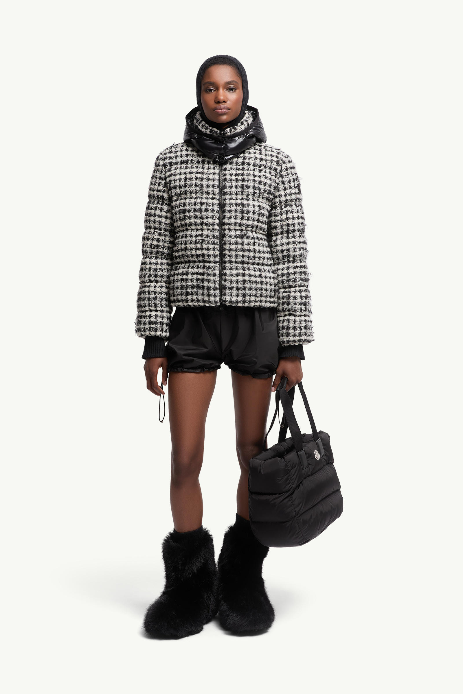 Piumino Corto con Cappuccio in Tweed Andronne Donna Bianco & Nero Moncler 0