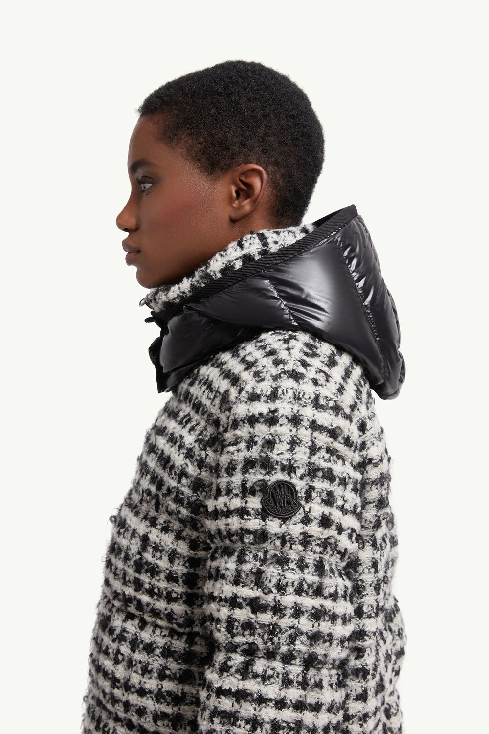 Andronne Tweed Hooded Short Down Jacket Women White & Black Moncler 1