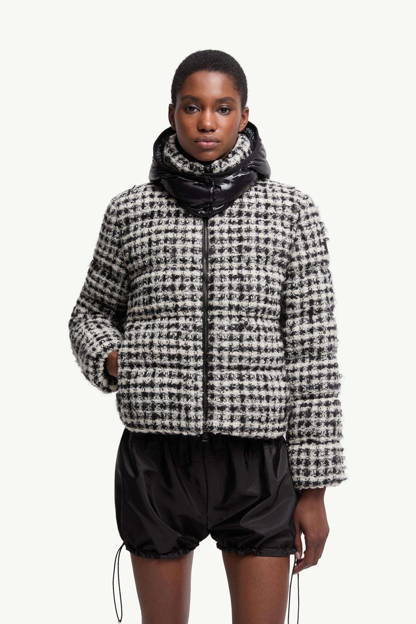 White & Black Andronne Tweed Hooded Short Down Jacket - Short Down