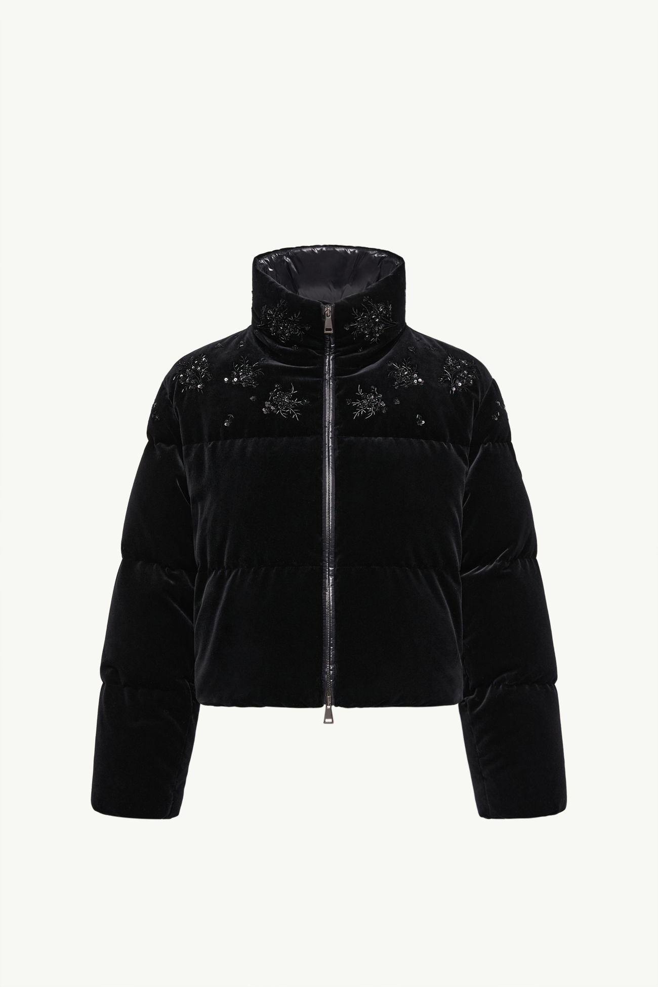 Piumino Corto in Velluto Ricamato con Paillette Nelles Donna Nero Moncler 2