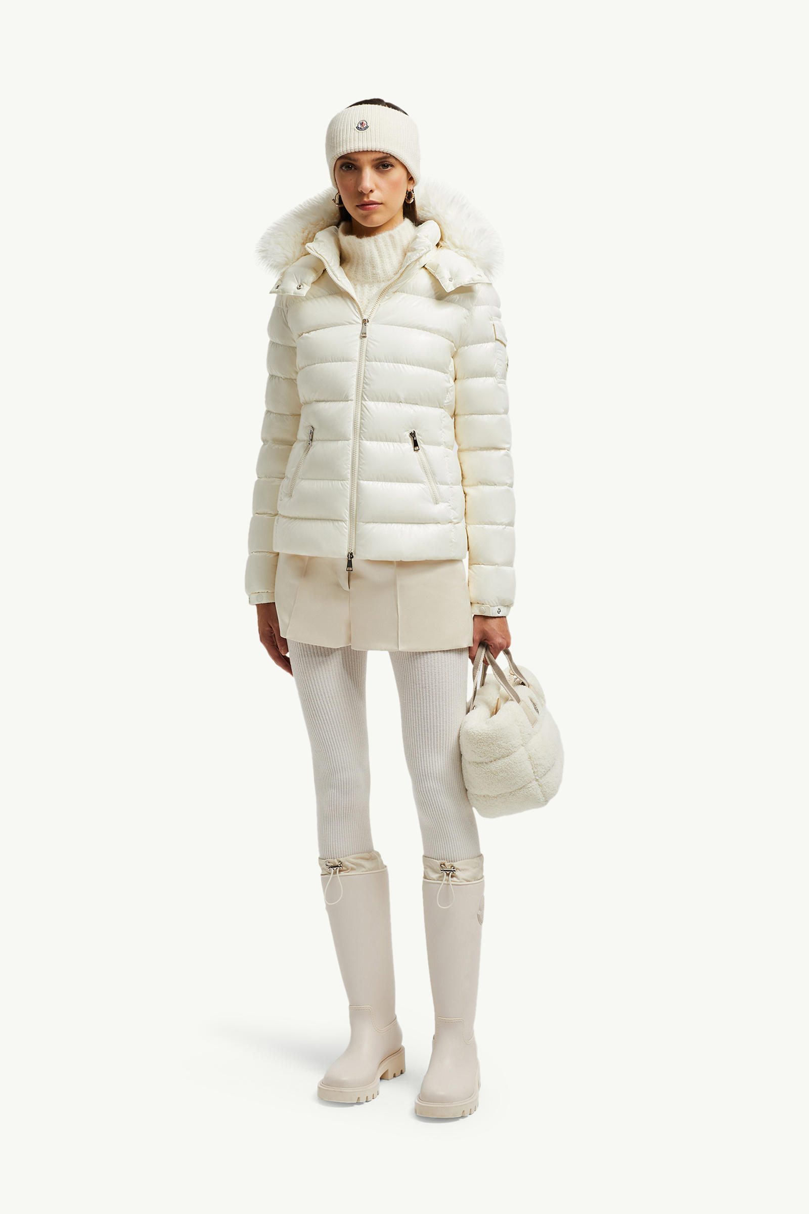 Badyf kurze Daunenjacke mit Kunstfellbesatz und Kapuze Damen Weiß Moncler 0