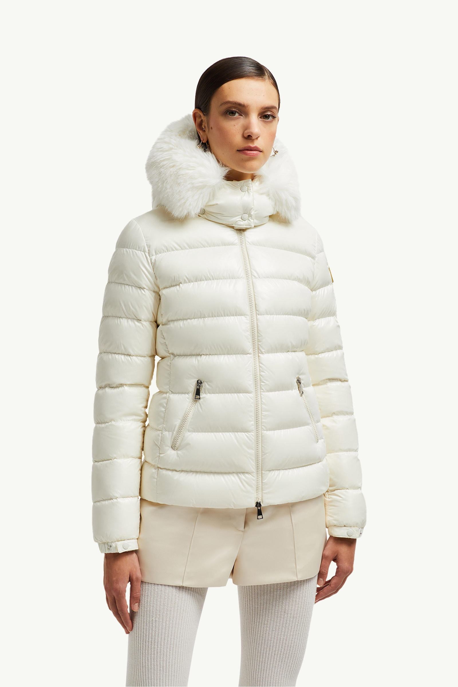 Badyf kurze Daunenjacke mit Kunstfellbesatz und Kapuze Damen Weiß Moncler 3
