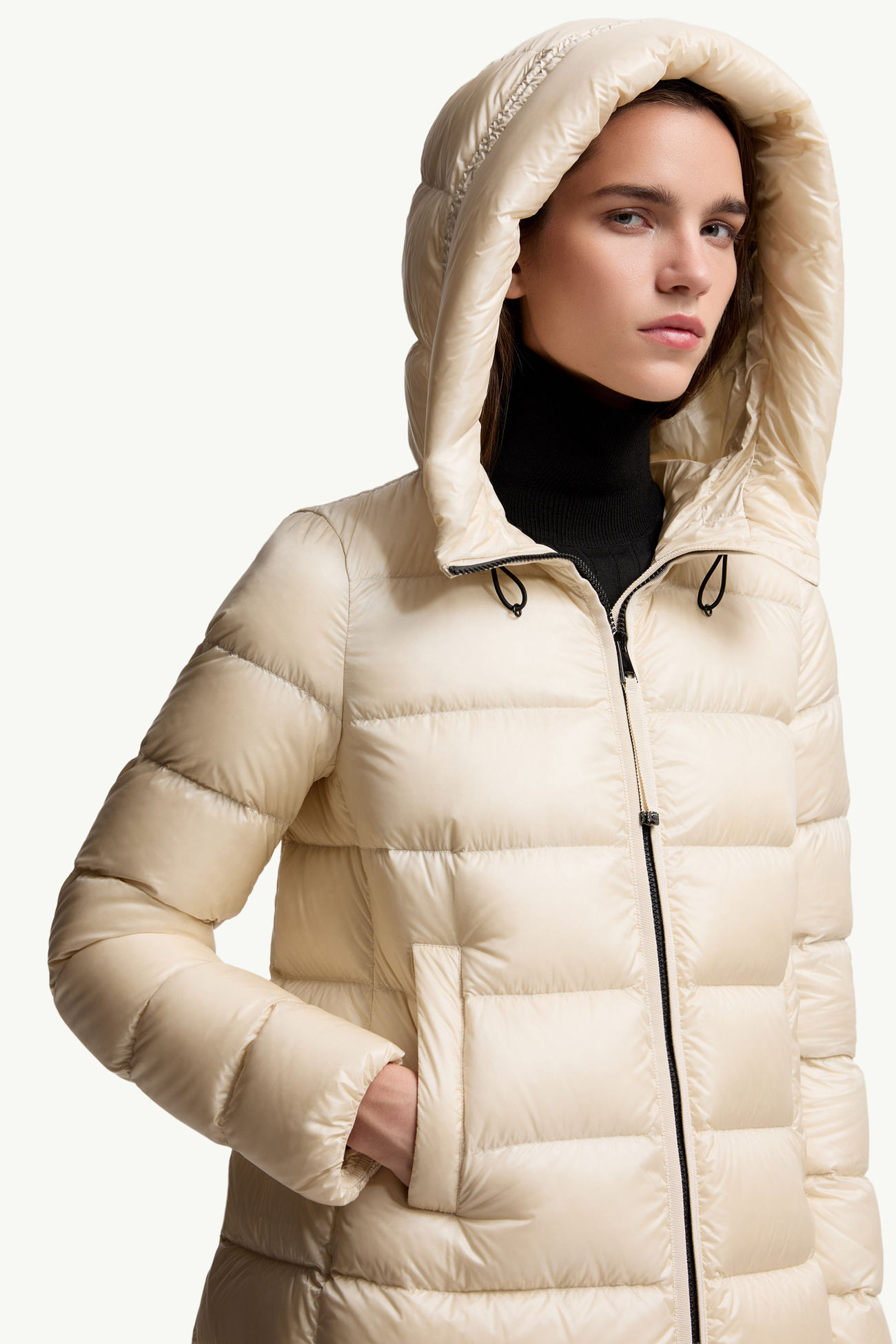 Suyenne mittellange Daunenjacke mit Kapuze Damen Hellbeige Moncler 5