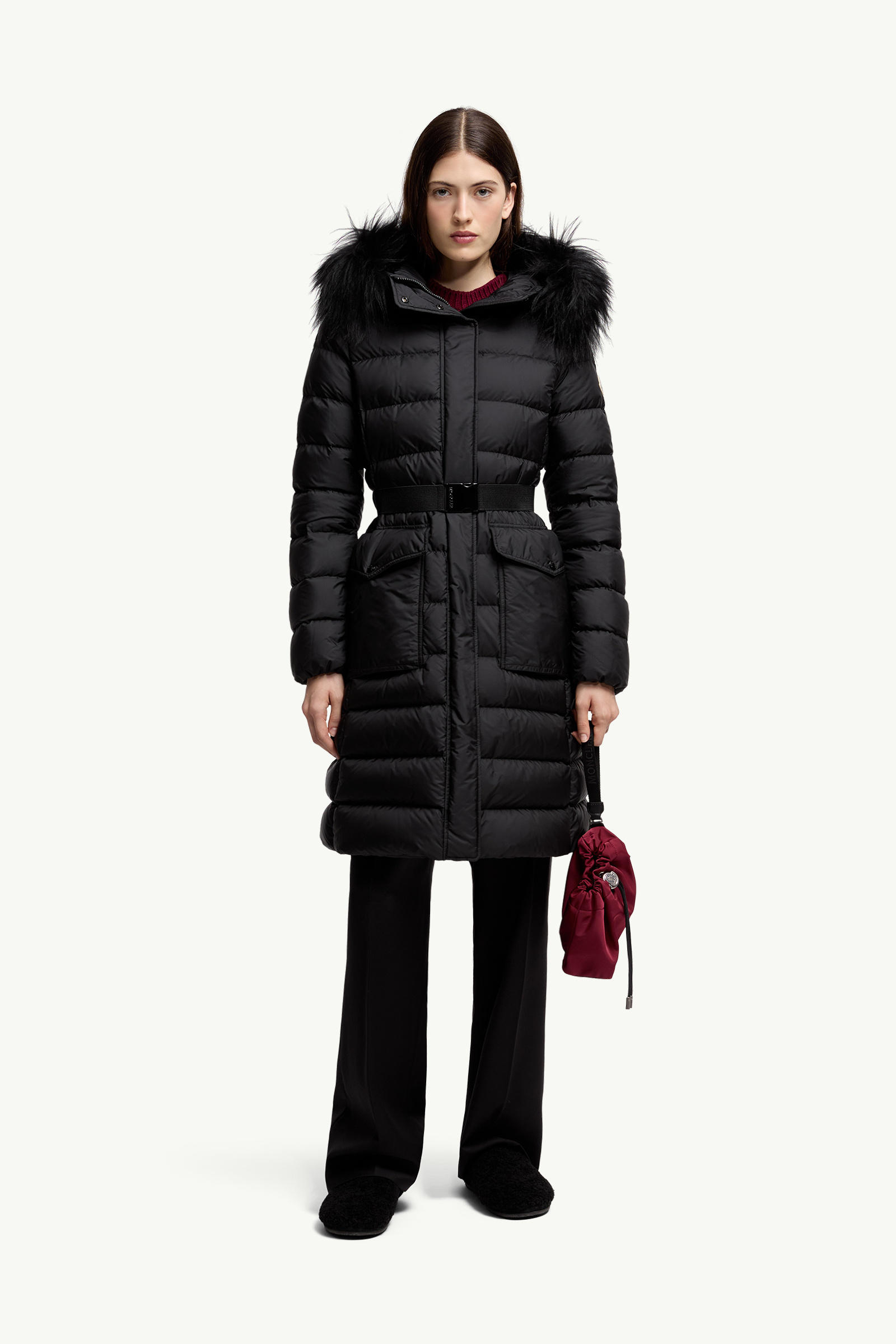 Khloesse Hooded Shearling-Trimmed Long Down Jacket Women Black Moncler 0