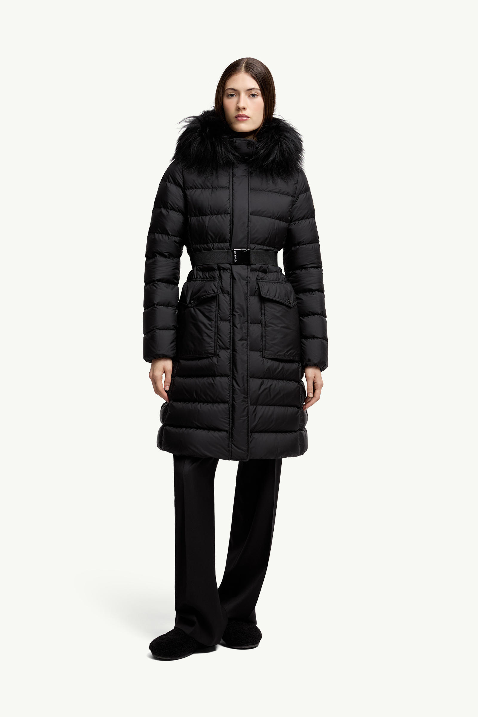 Khloesse Hooded Shearling-Trimmed Long Down Jacket Women Black Moncler 3