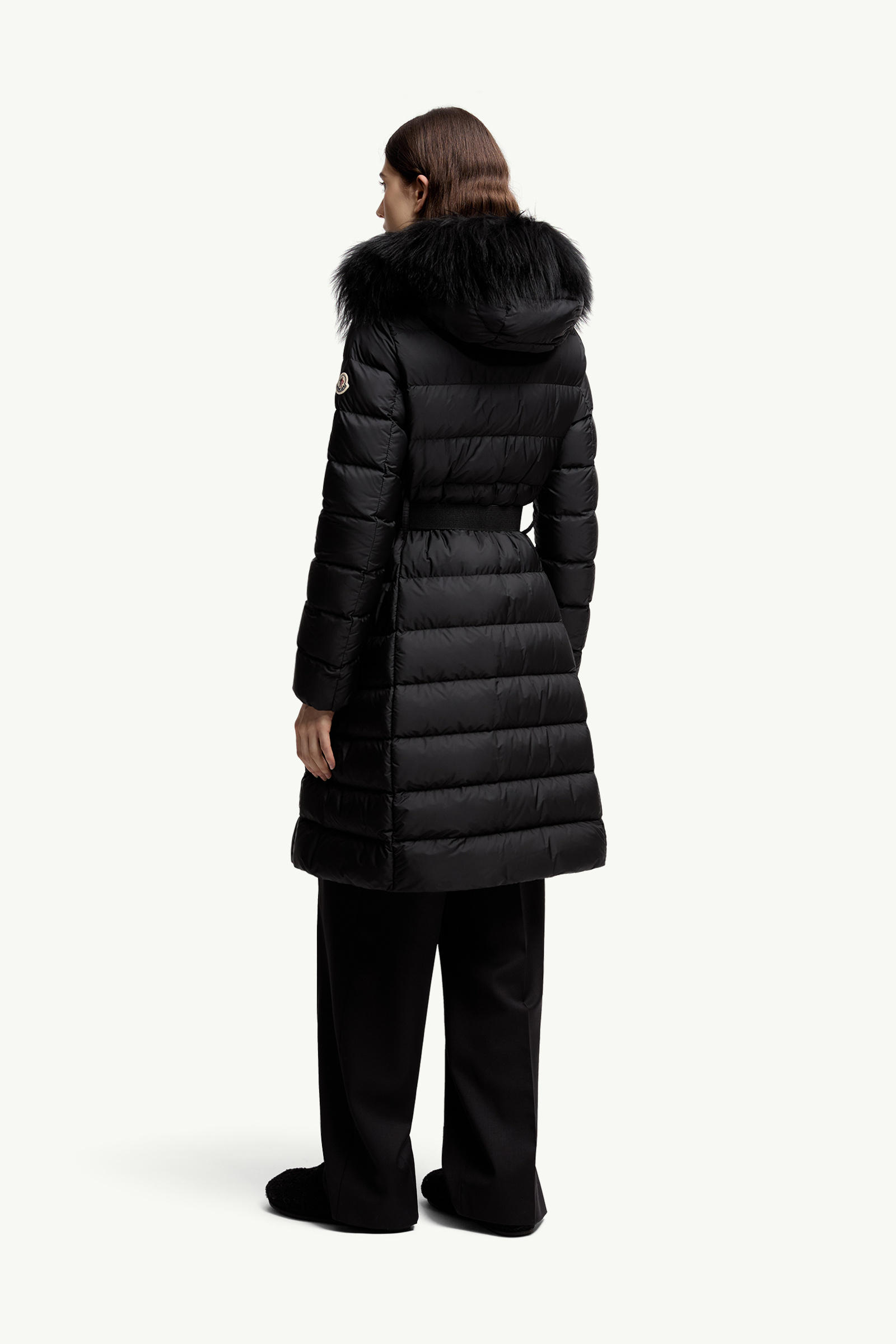 Khloesse Hooded Shearling-Trimmed Long Down Jacket Women Black Moncler 4