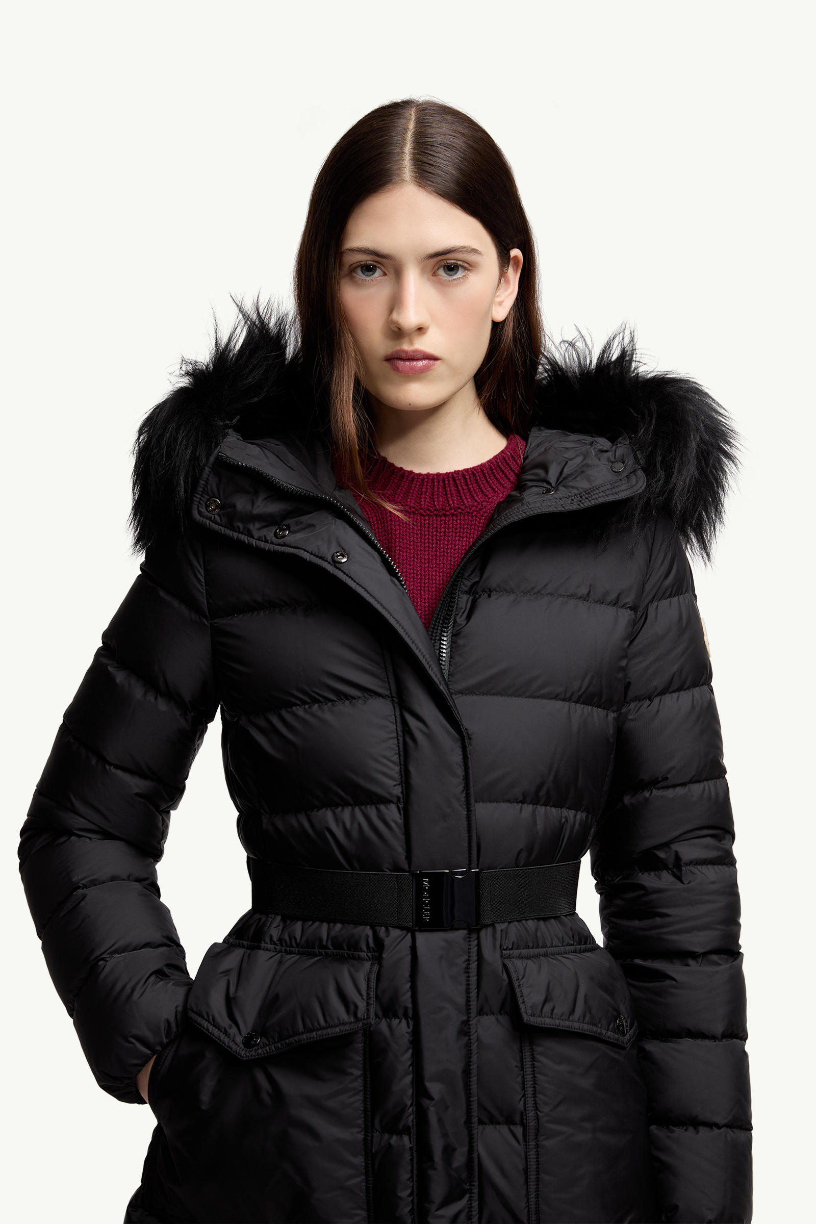 Khloesse Hooded Shearling-Trimmed Long Down Jacket Women Black Moncler 5