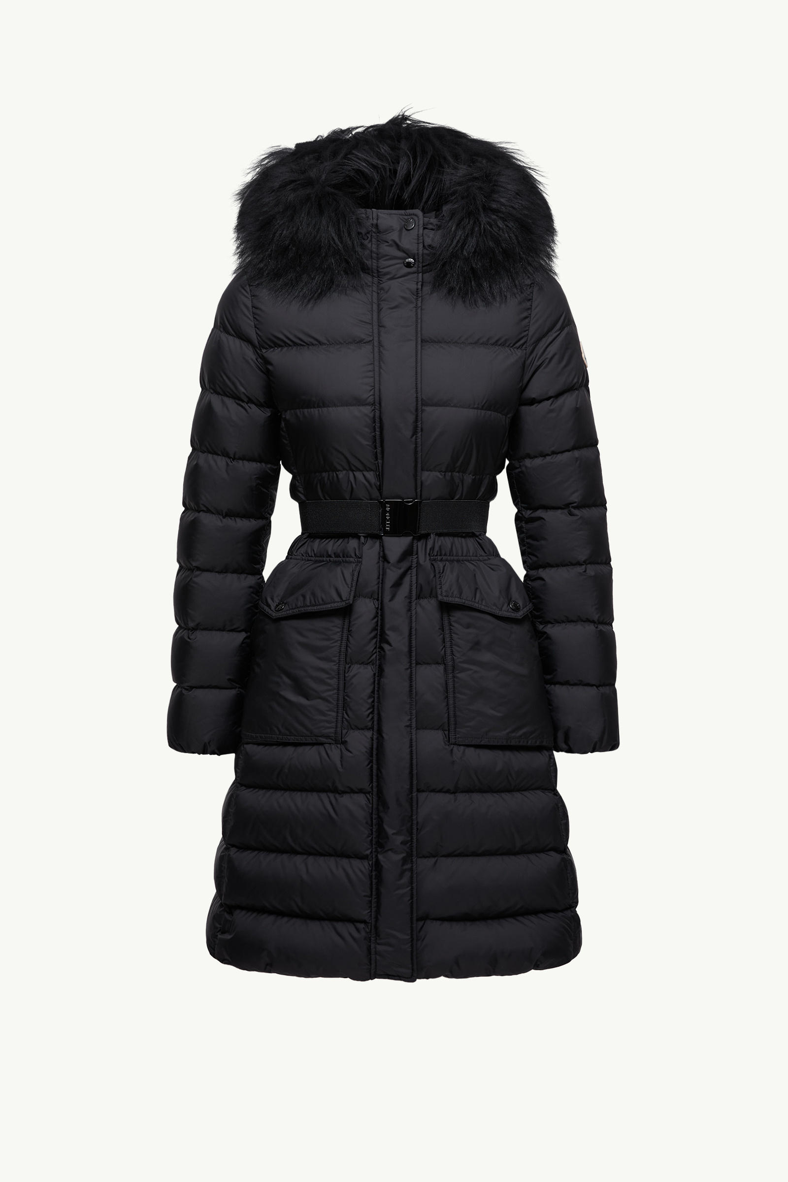 Khloesse Hooded Shearling-Trimmed Long Down Jacket Women Black Moncler 2