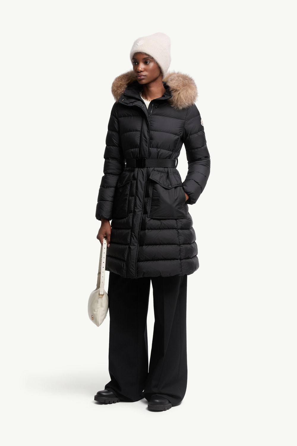 Khloesse Hooded Shearling-Trimmed Long Down Jacket Women Black & Beige Moncler 0