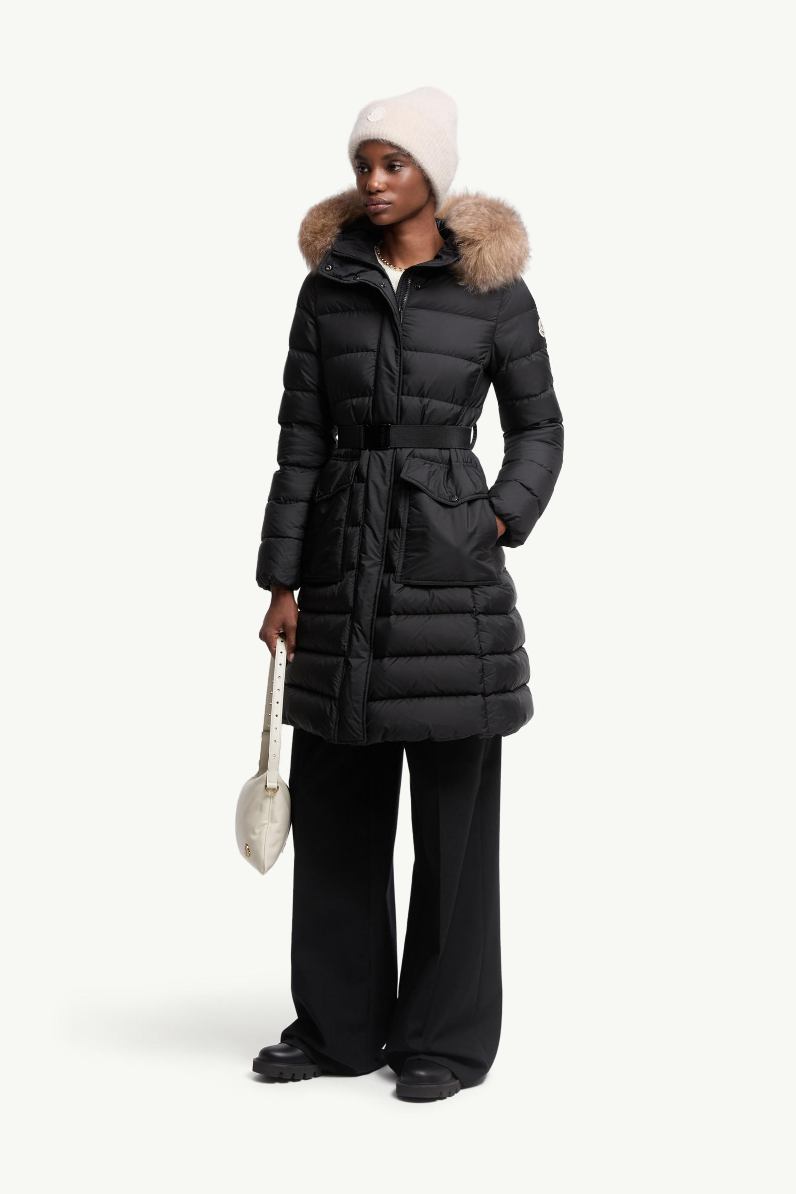 Khloesse Hooded Shearling-Trimmed Long Down Jacket Women Black & Beige Moncler 0