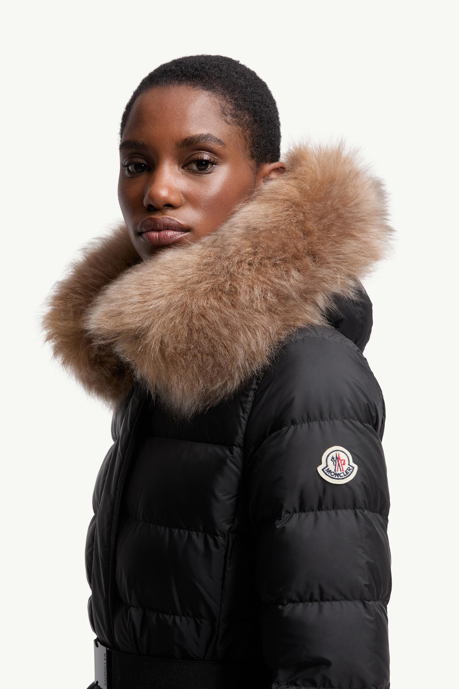 Khloesse Hooded Shearling-Trimmed Long Down Jacket Women Black & Beige Moncler 1