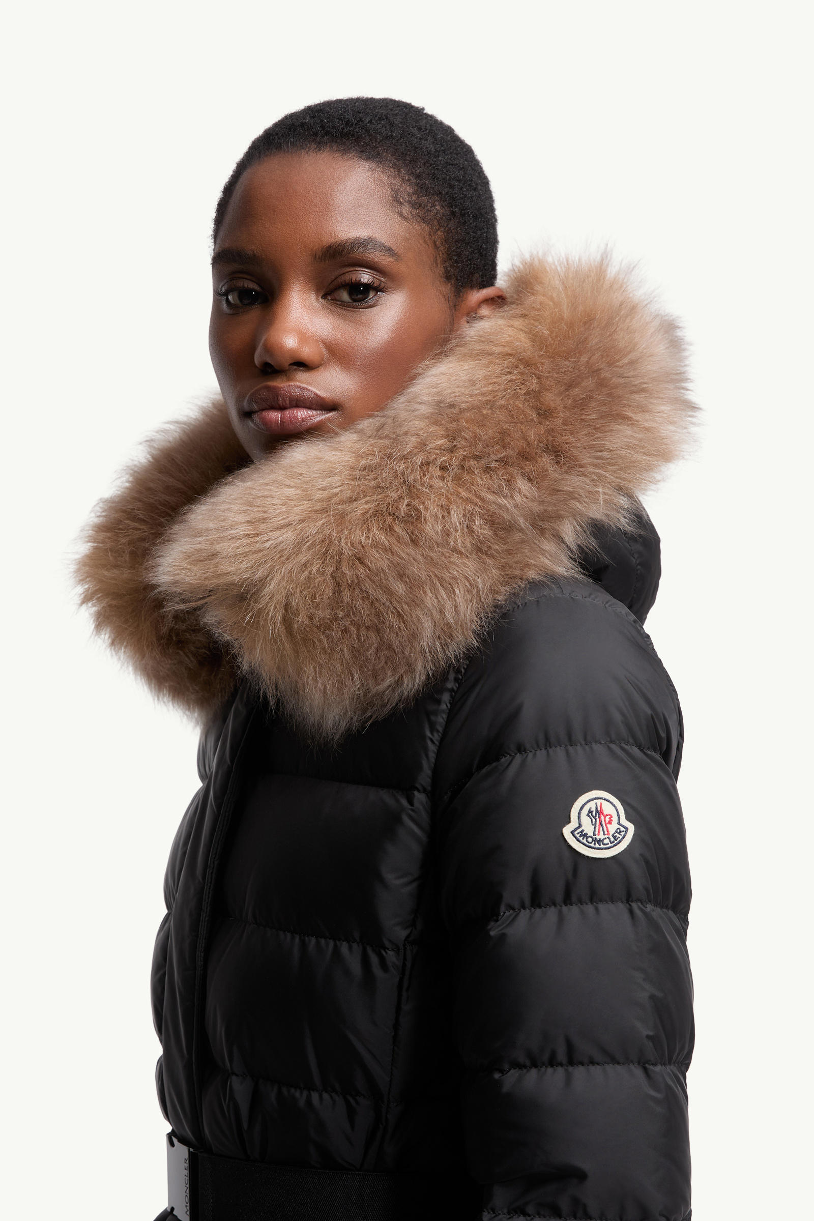 Khloesse Hooded Shearling-Trimmed Long Down Jacket Women Black & Beige Moncler 1