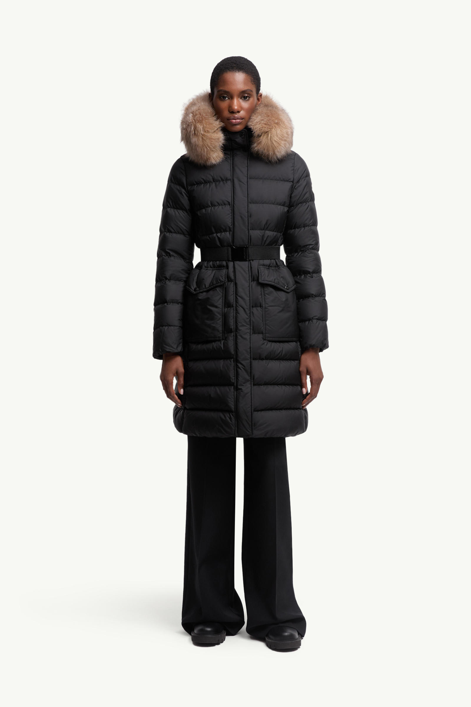 Khloesse Hooded Shearling-Trimmed Long Down Jacket Women Black & Beige Moncler 3