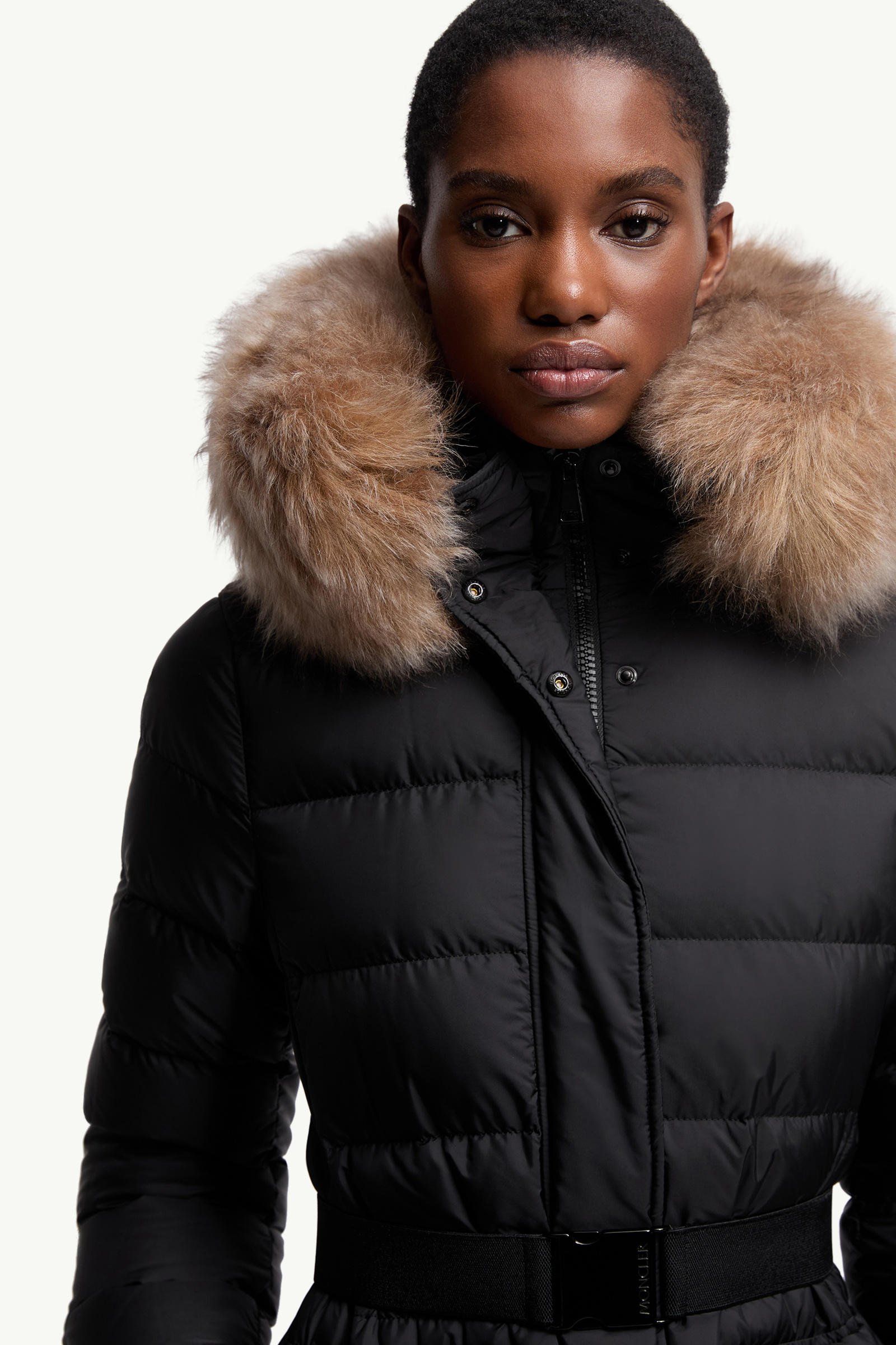 Khloesse Hooded Shearling-Trimmed Long Down Jacket Women Black & Beige Moncler 6
