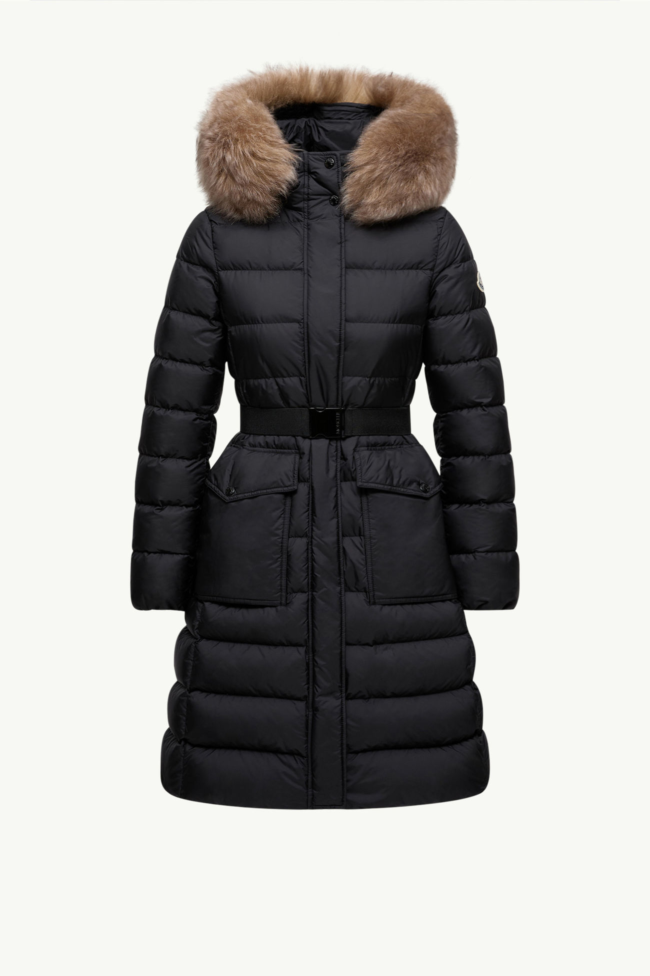 Khloesse女士连帽羊毛饰边长款羽绒夹克外套 女士 黑色 & 坚果米色 Moncler 2