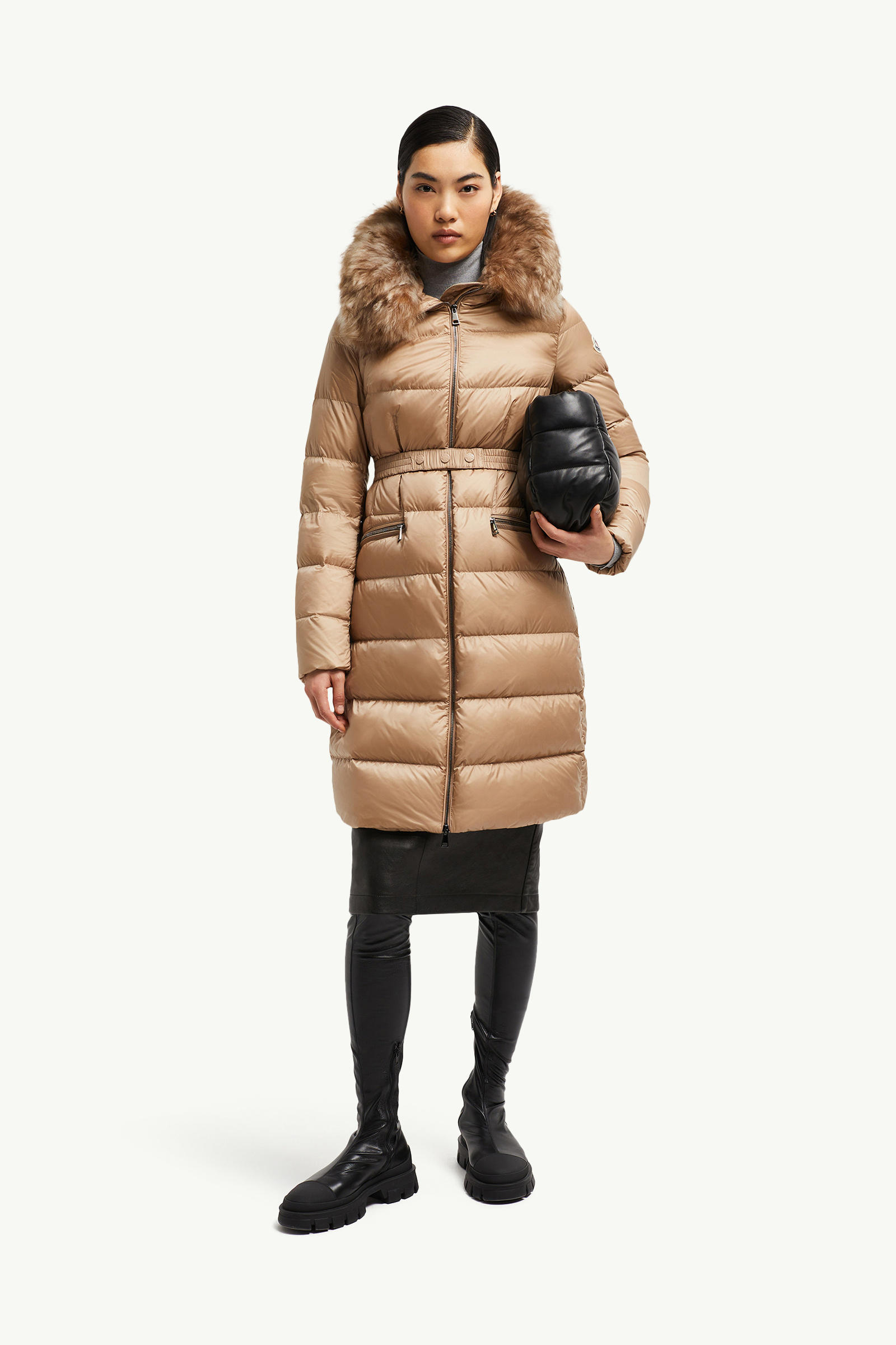 Boedic Hooded Shearling-Trimmed Long Down Jacket Women Camel Beige Moncler 0