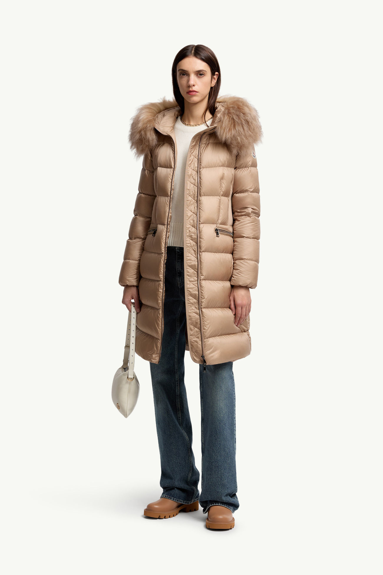 Boedic連帽羔羊毛飾邊長身羽絨外套 女士 駱駝米色 Moncler 0