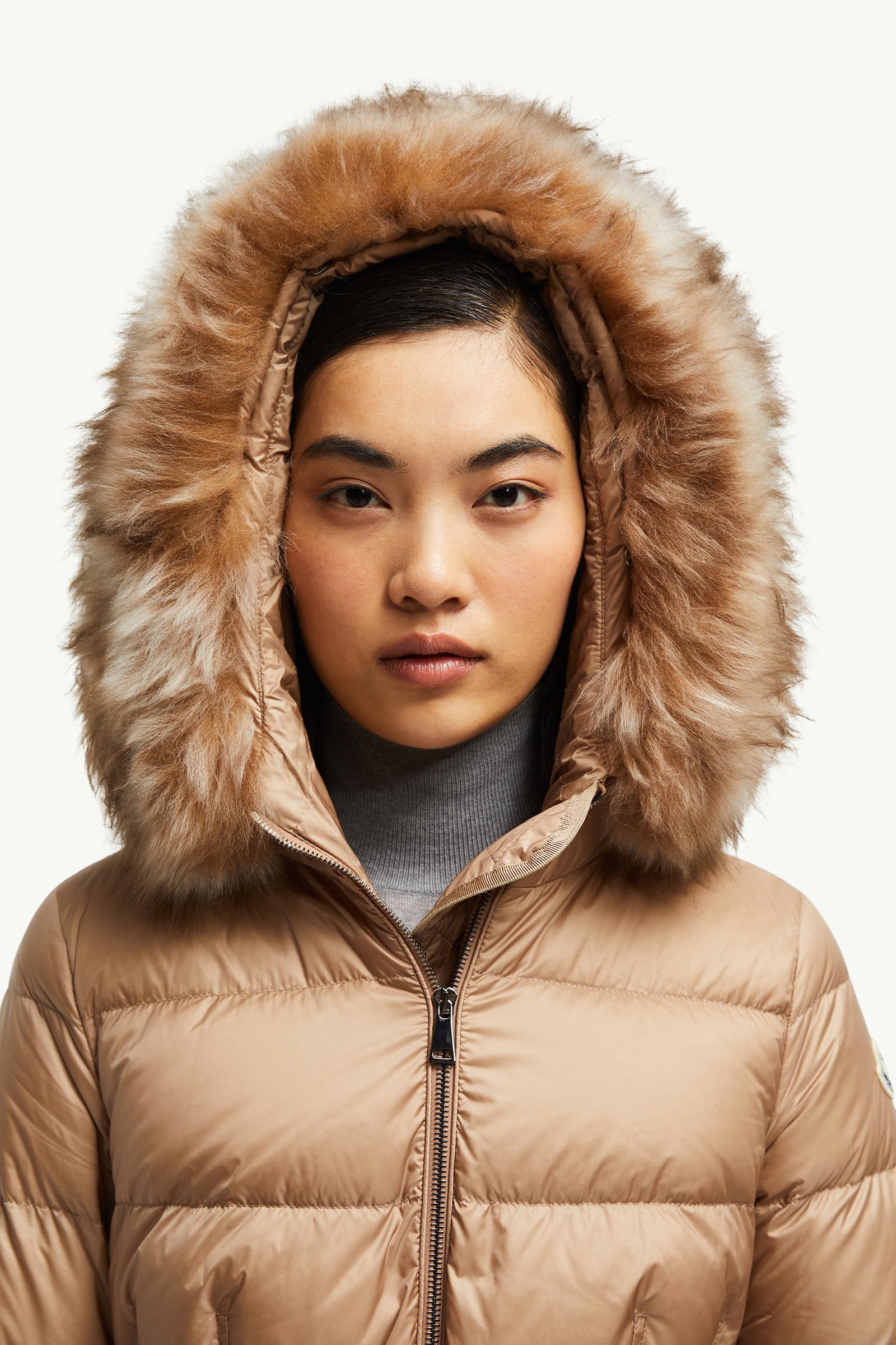 Boedic Hooded Shearling-Trimmed Long Down Jacket Women Camel Beige Moncler 1
