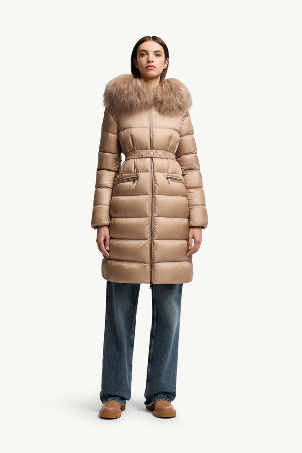 Boedic Hooded Shearling-Trimmed Long Down Jacket Women Camel Beige Moncler 3