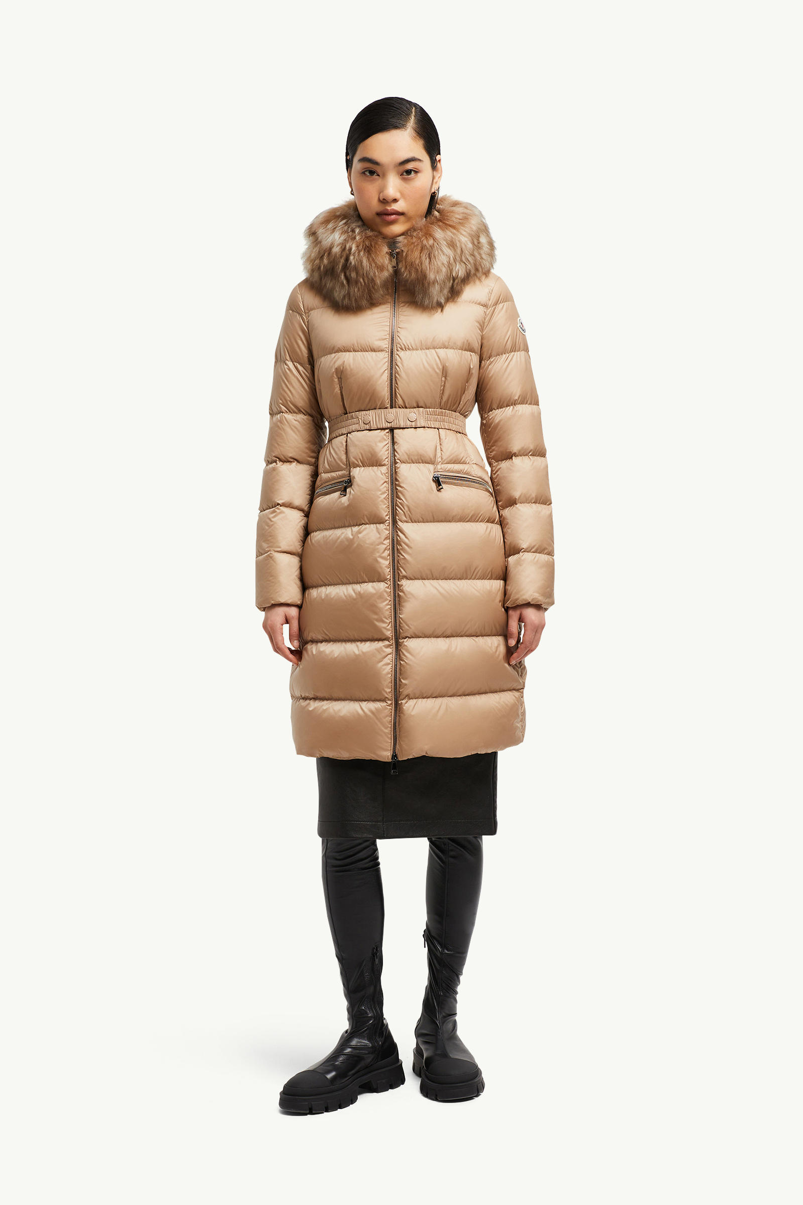 Boedic Hooded Shearling-Trimmed Long Down Jacket Women Camel Beige Moncler 3