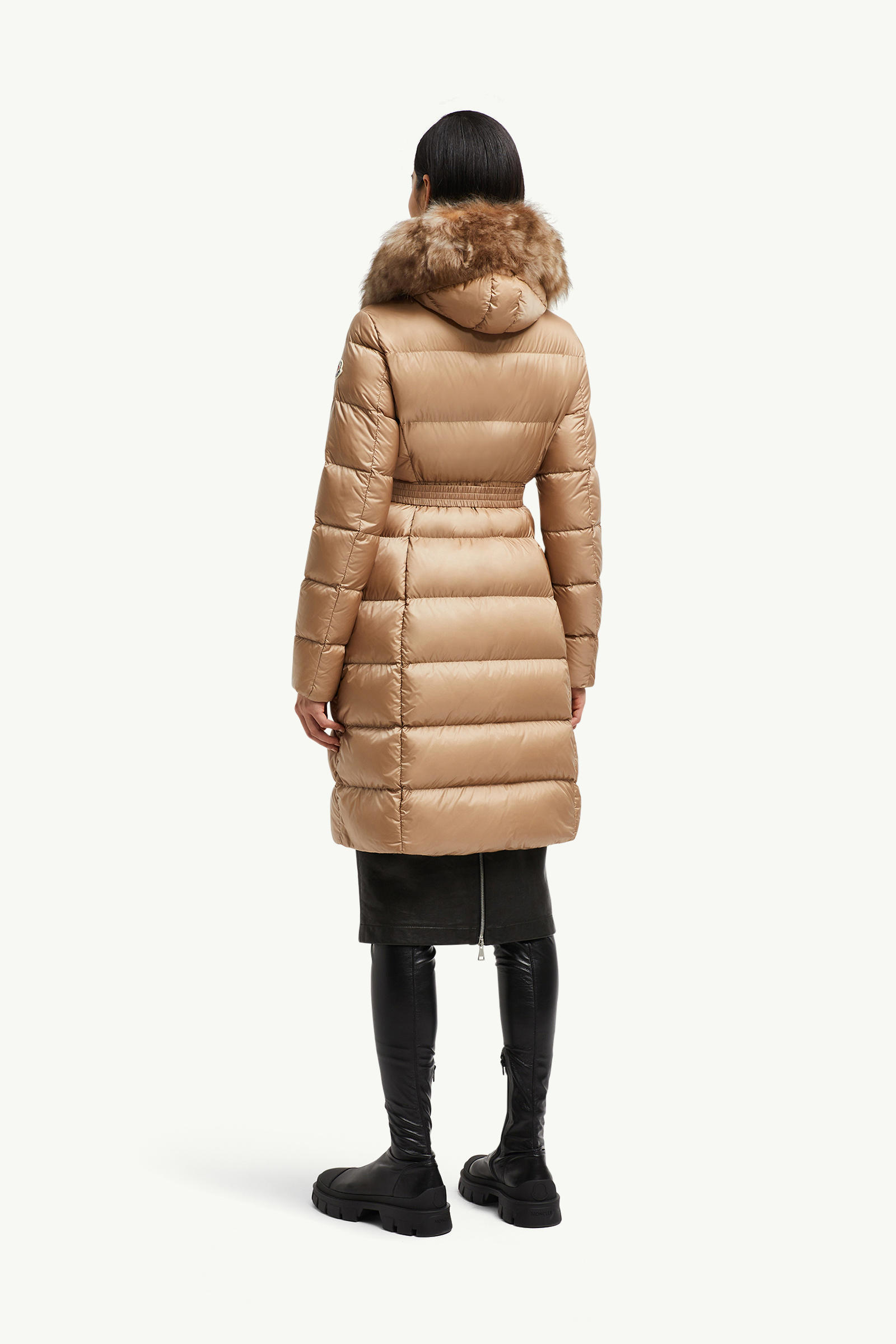 Boedic Hooded Shearling-Trimmed Long Down Jacket Women Camel Beige Moncler 4