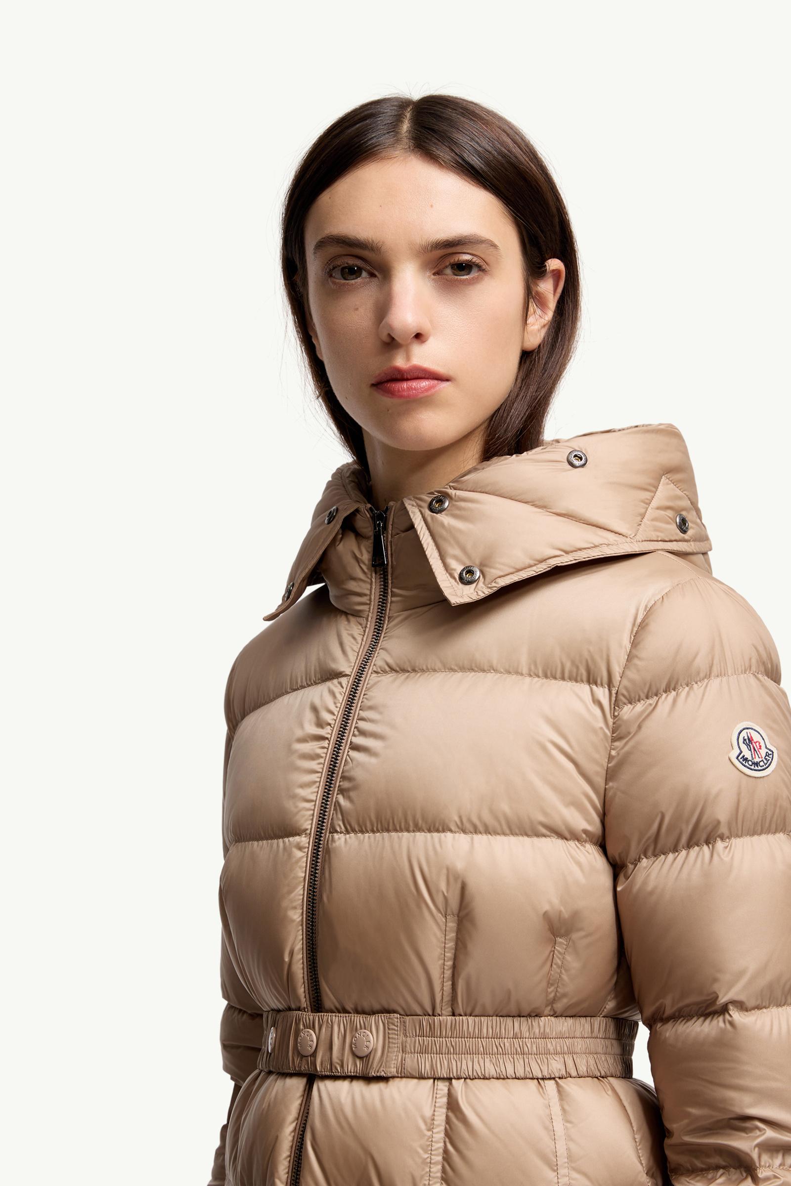 Camel Beige Boedic Hooded Shearling-Trimmed Long Down Jacket