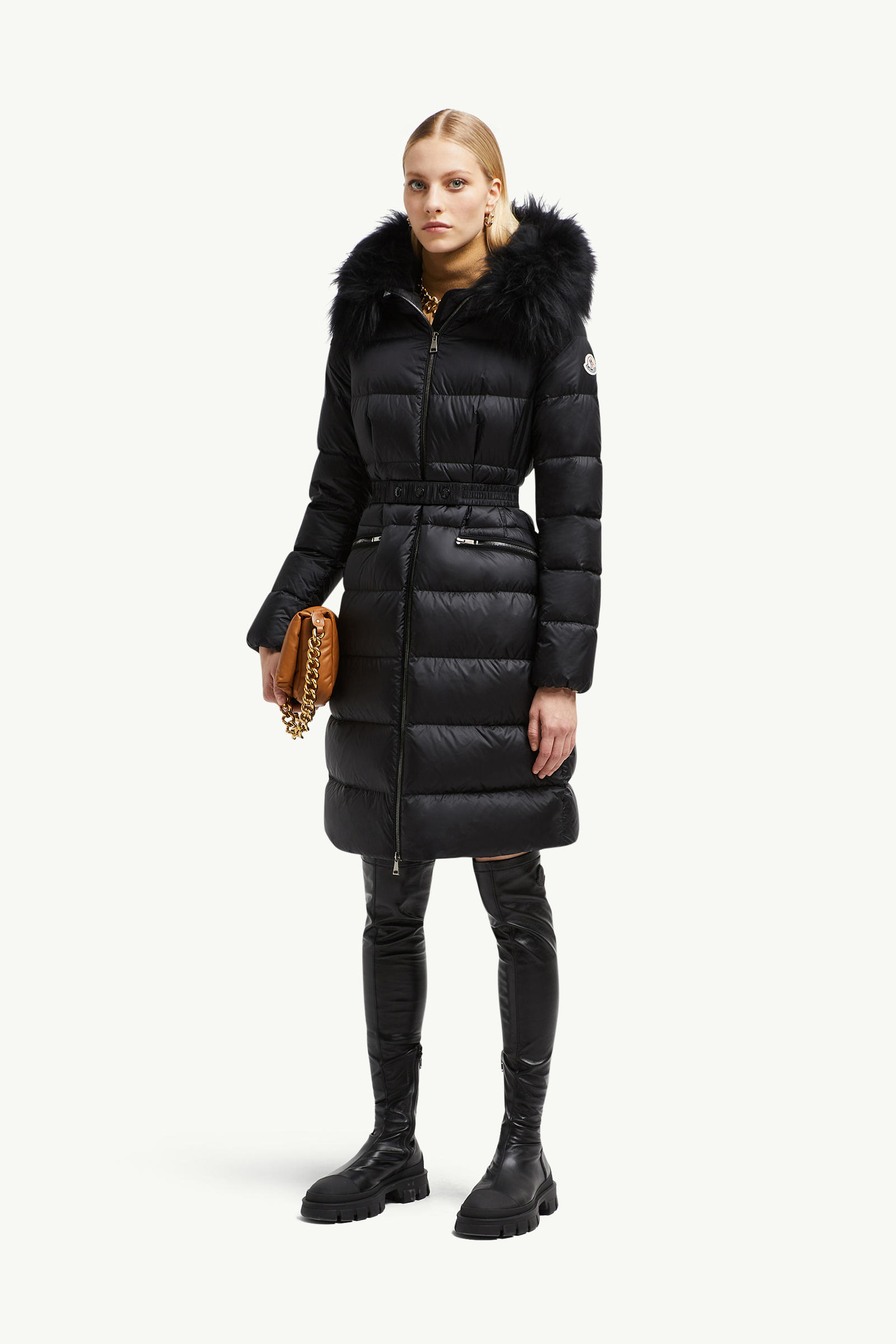 Boedic Hooded Shearling-Trimmed Long Down Jacket Women Black Moncler 0