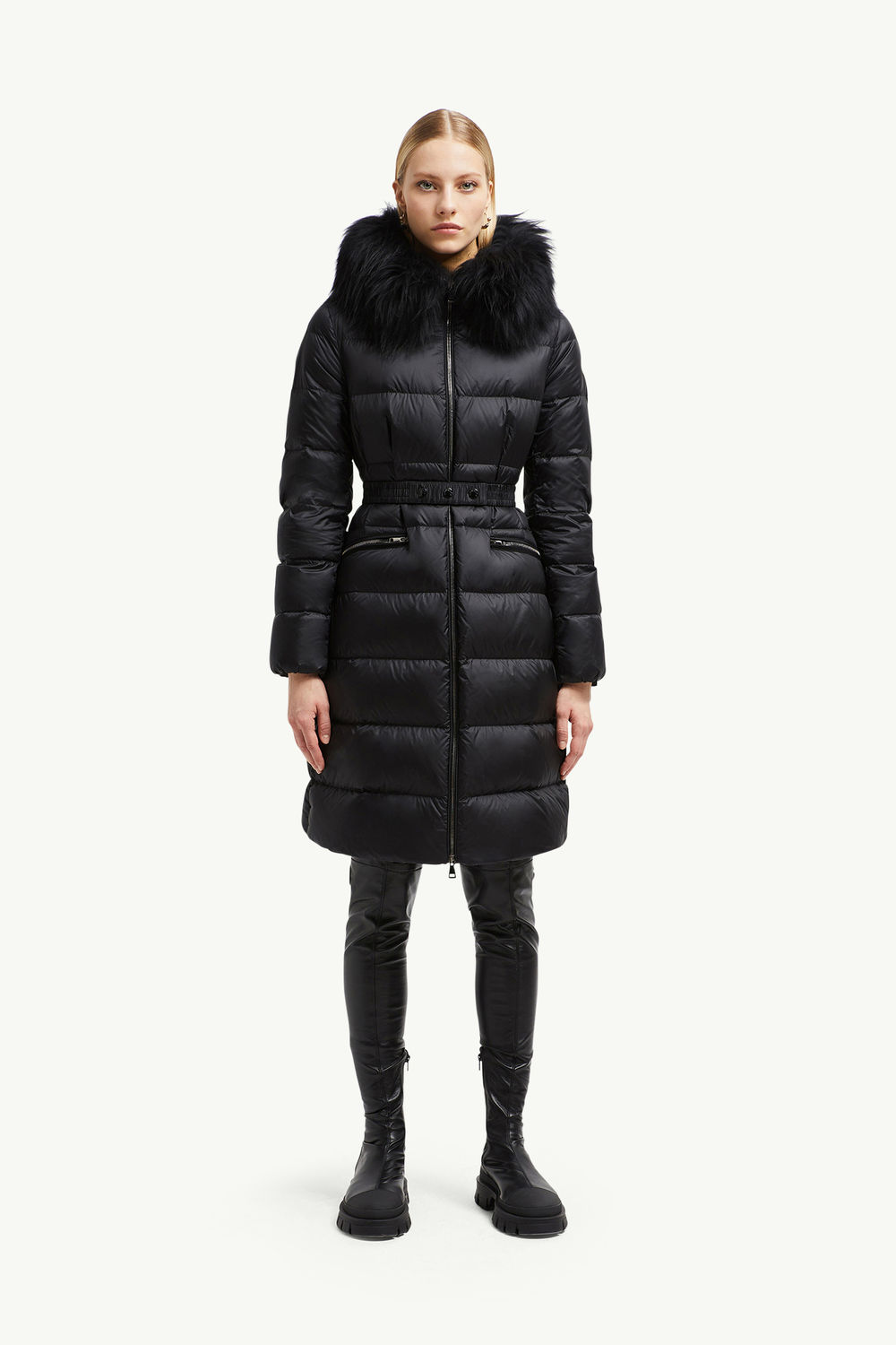 Boedic Hooded Shearling-Trimmed Long Down Jacket Women Black Moncler 3