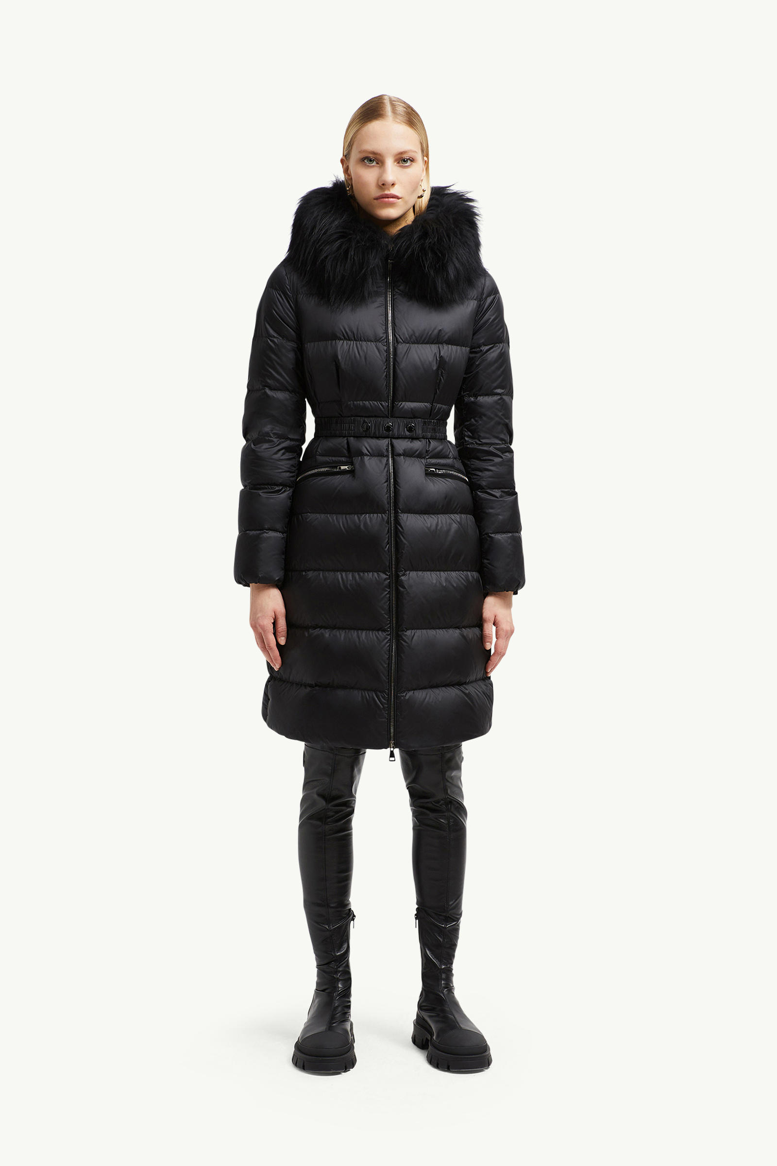 Boedic Hooded Shearling-Trimmed Long Down Jacket Women Black Moncler 3