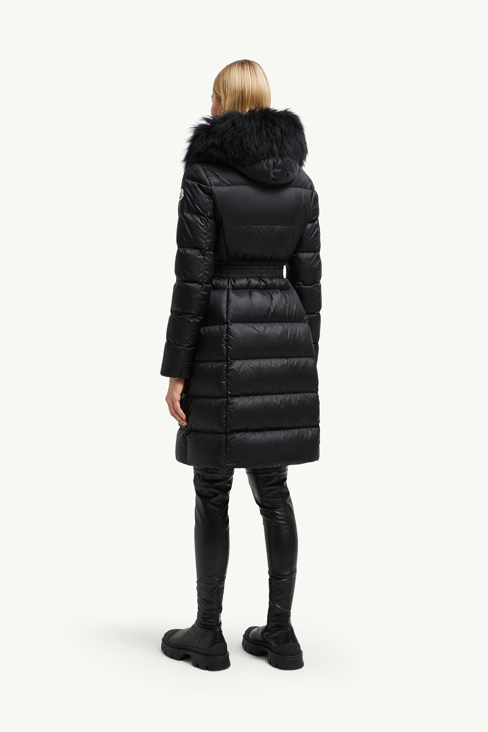 Boedic Hooded Shearling-Trimmed Long Down Jacket Women Black Moncler 4