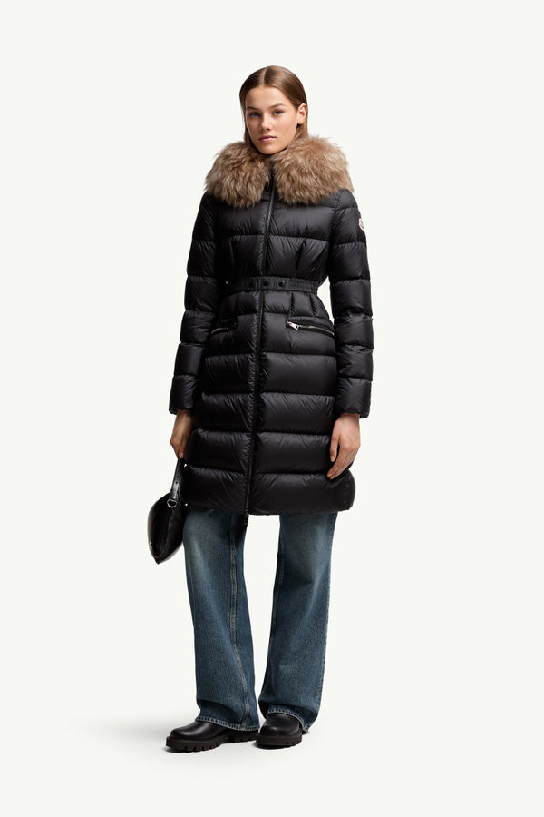 Boedic Hooded Shearling-Trimmed Long Down Jacket Women Black & Beige Moncler 0