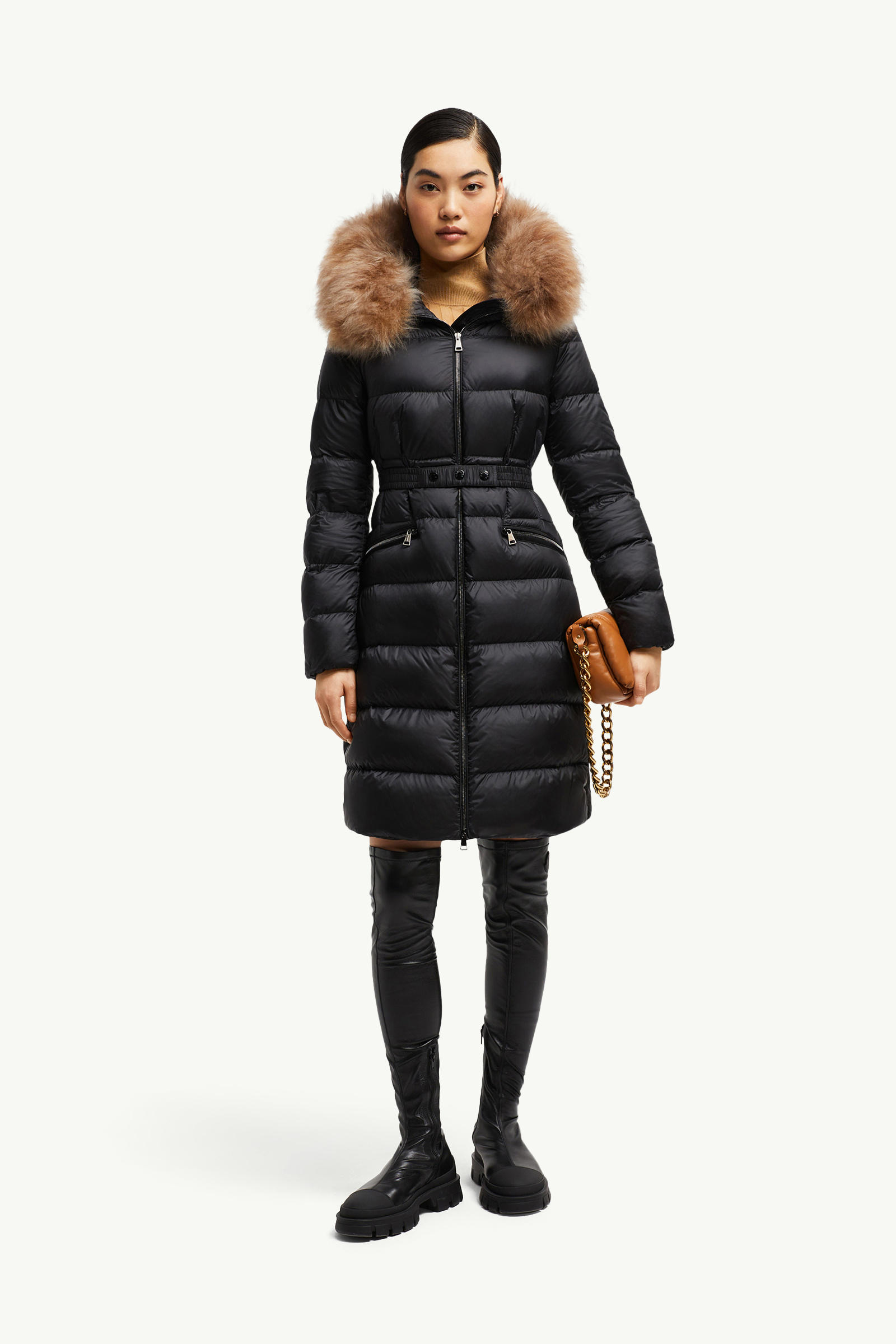 Boedic lange Daunenjacke mit Kapuze und Shearling-Besatz Damen Schwarz & Beige Moncler 0