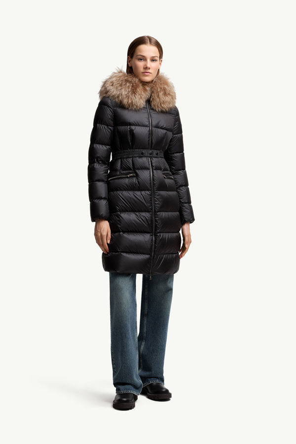 Boedic lange Daunenjacke mit Kapuze und Shearling-Besatz Damen Schwarz & Beige Moncler 3