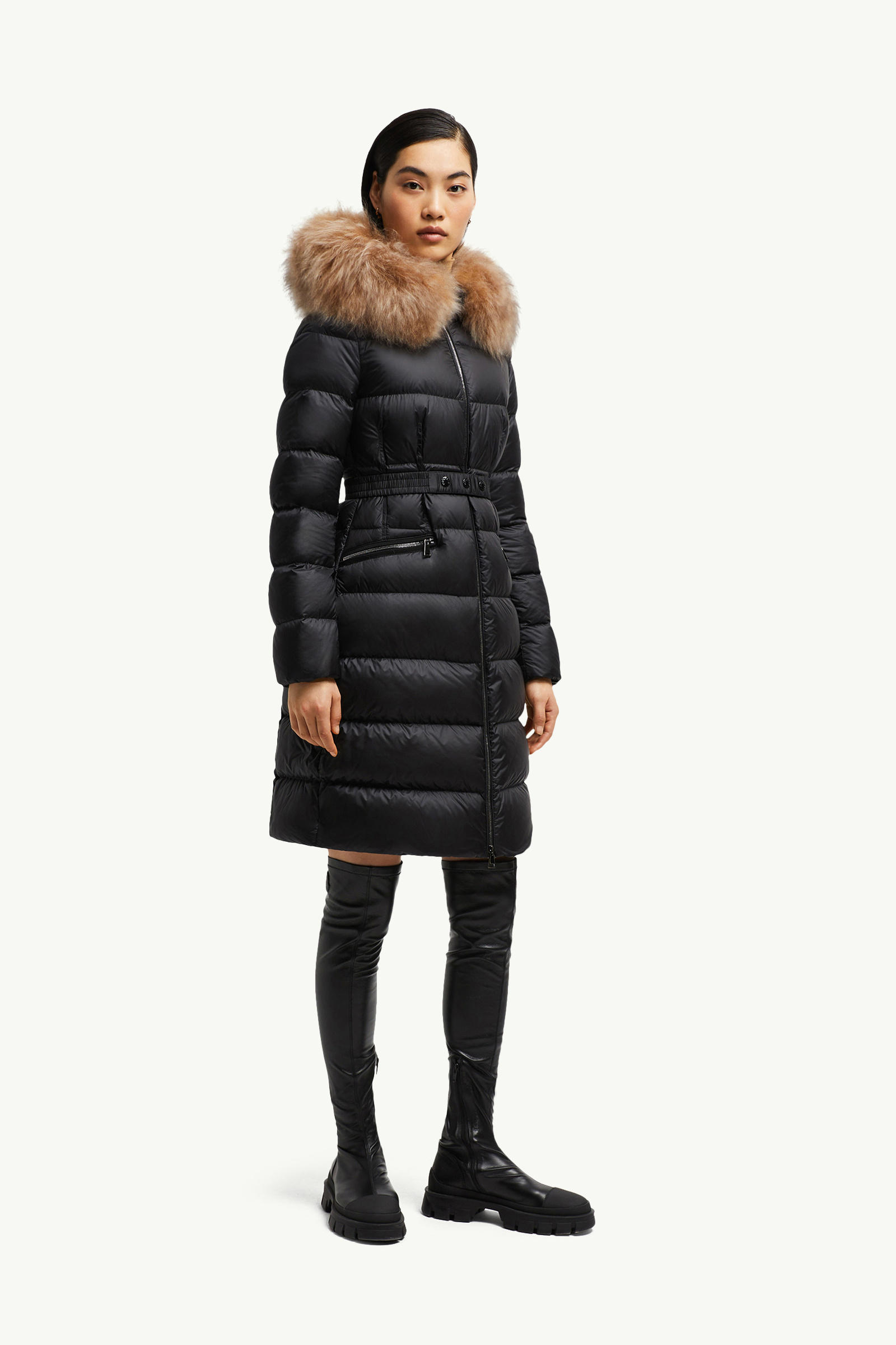 Boedic lange Daunenjacke mit Kapuze und Shearling-Besatz Damen Schwarz & Beige Moncler 3