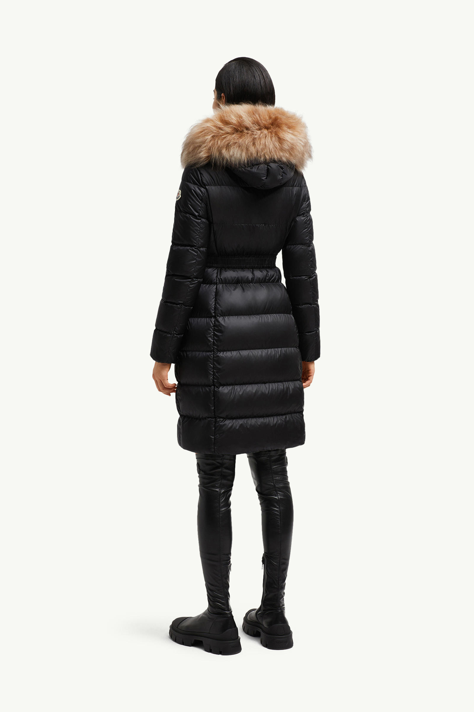 Boedic lange Daunenjacke mit Kapuze und Shearling-Besatz Damen Schwarz & Beige Moncler 4