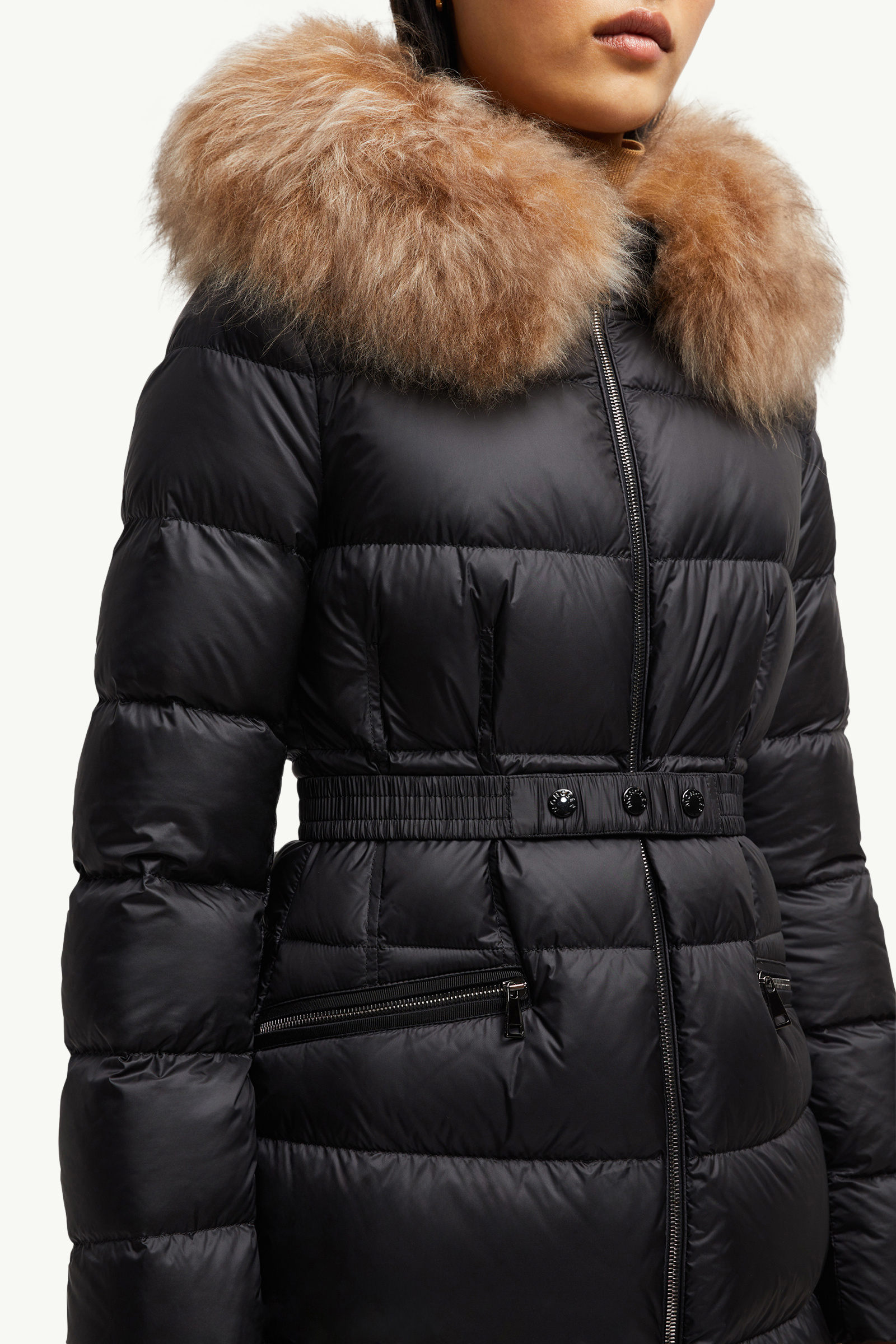 Boedic lange Daunenjacke mit Kapuze und Shearling-Besatz Damen Schwarz & Beige Moncler 5