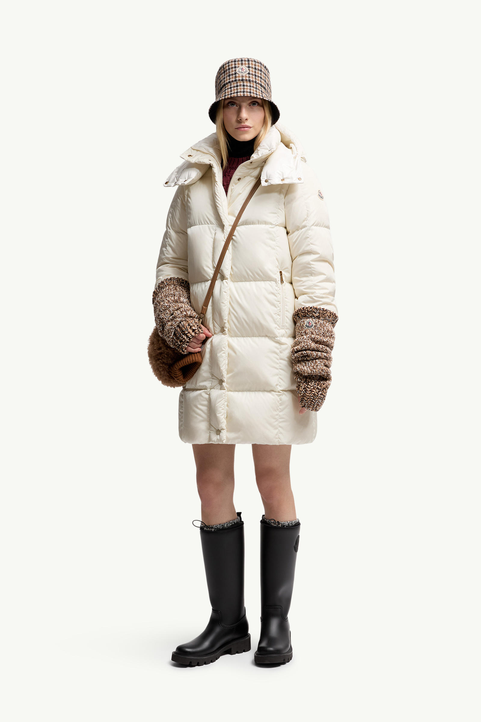 Litte Square-Quilted Hooded Long Down Jacket Women White Moncler 0