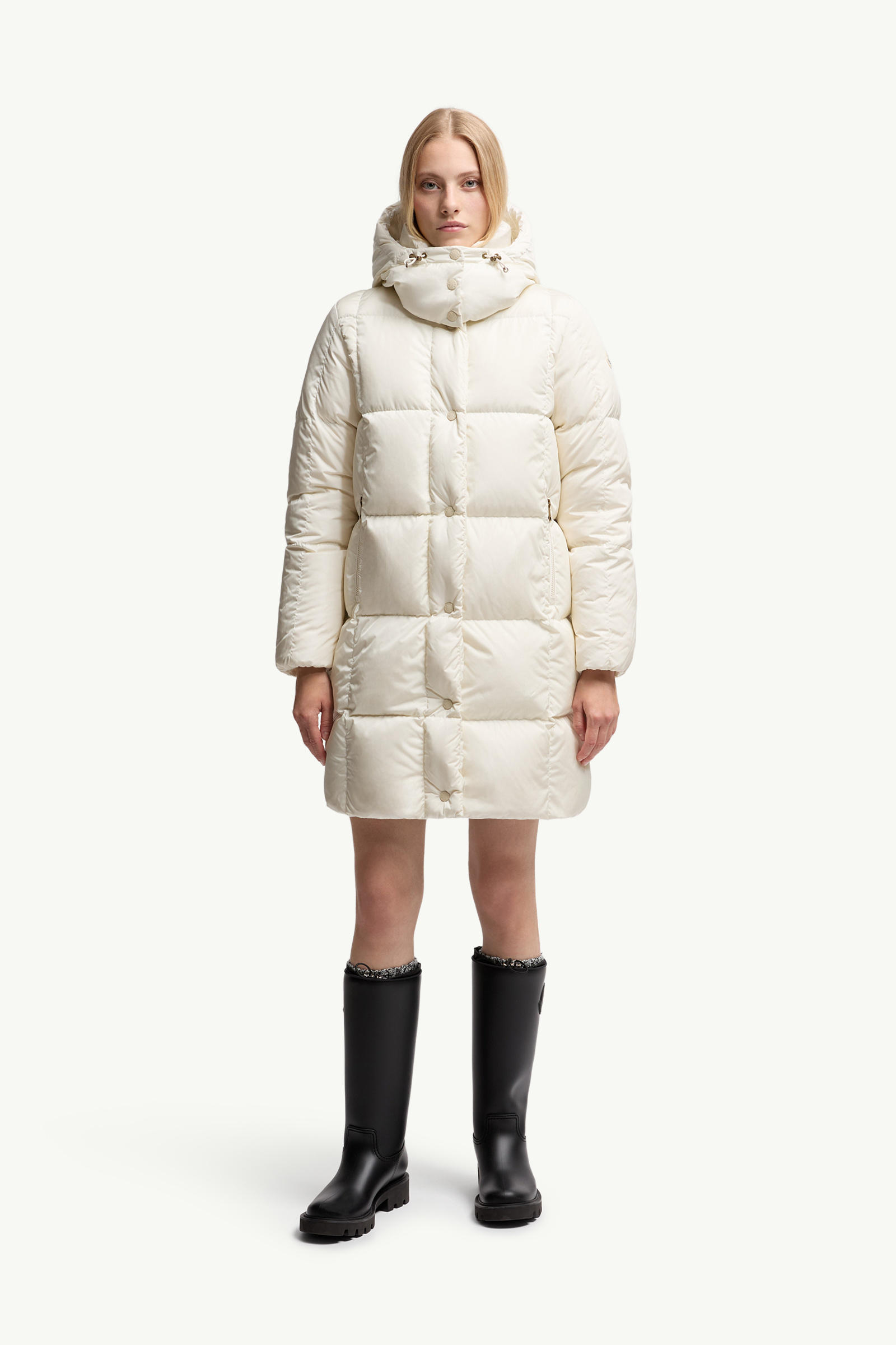 Litte Square-Quilted Hooded Long Down Jacket Women White Moncler 3