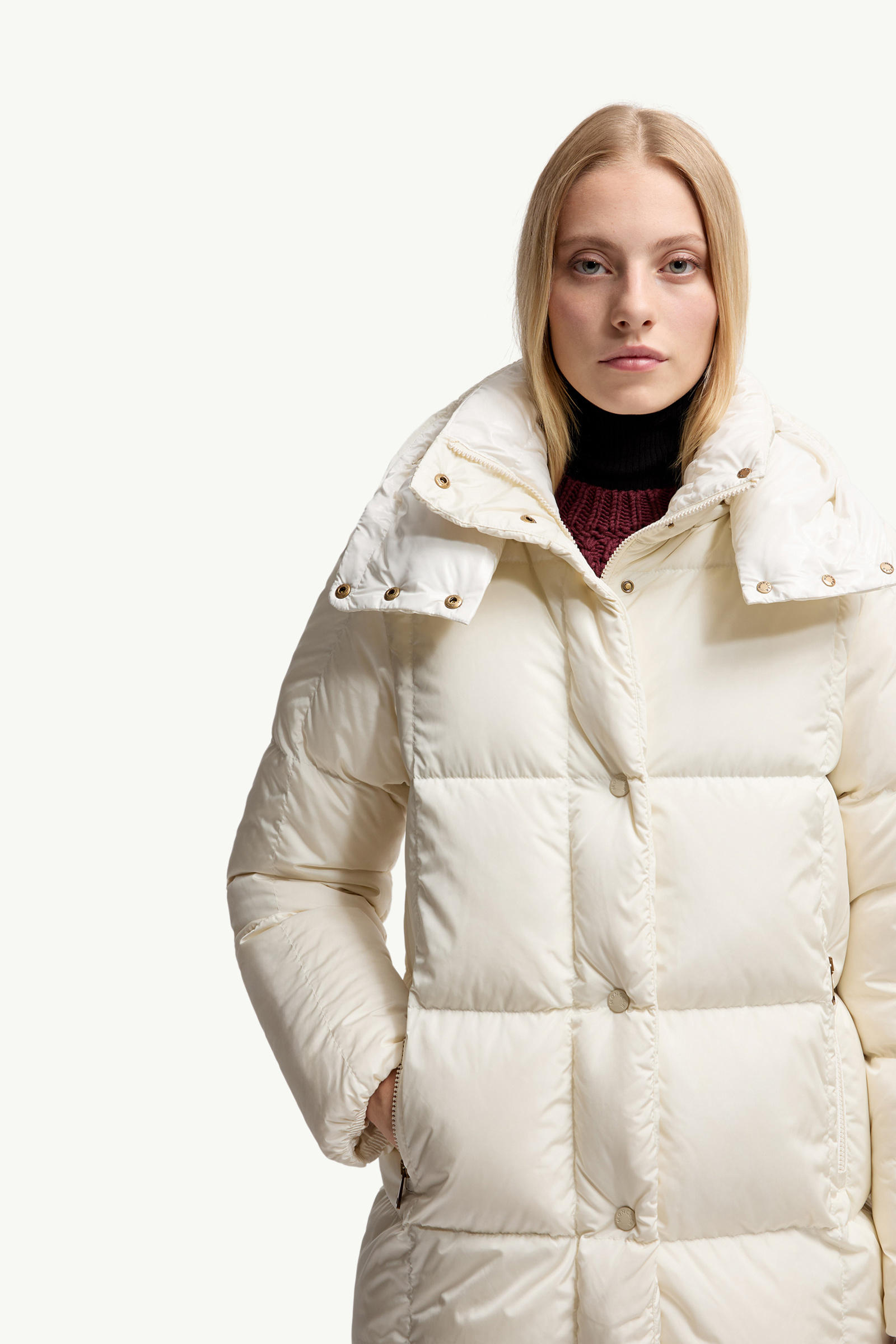 Litte Square-Quilted Hooded Long Down Jacket Women White Moncler 6