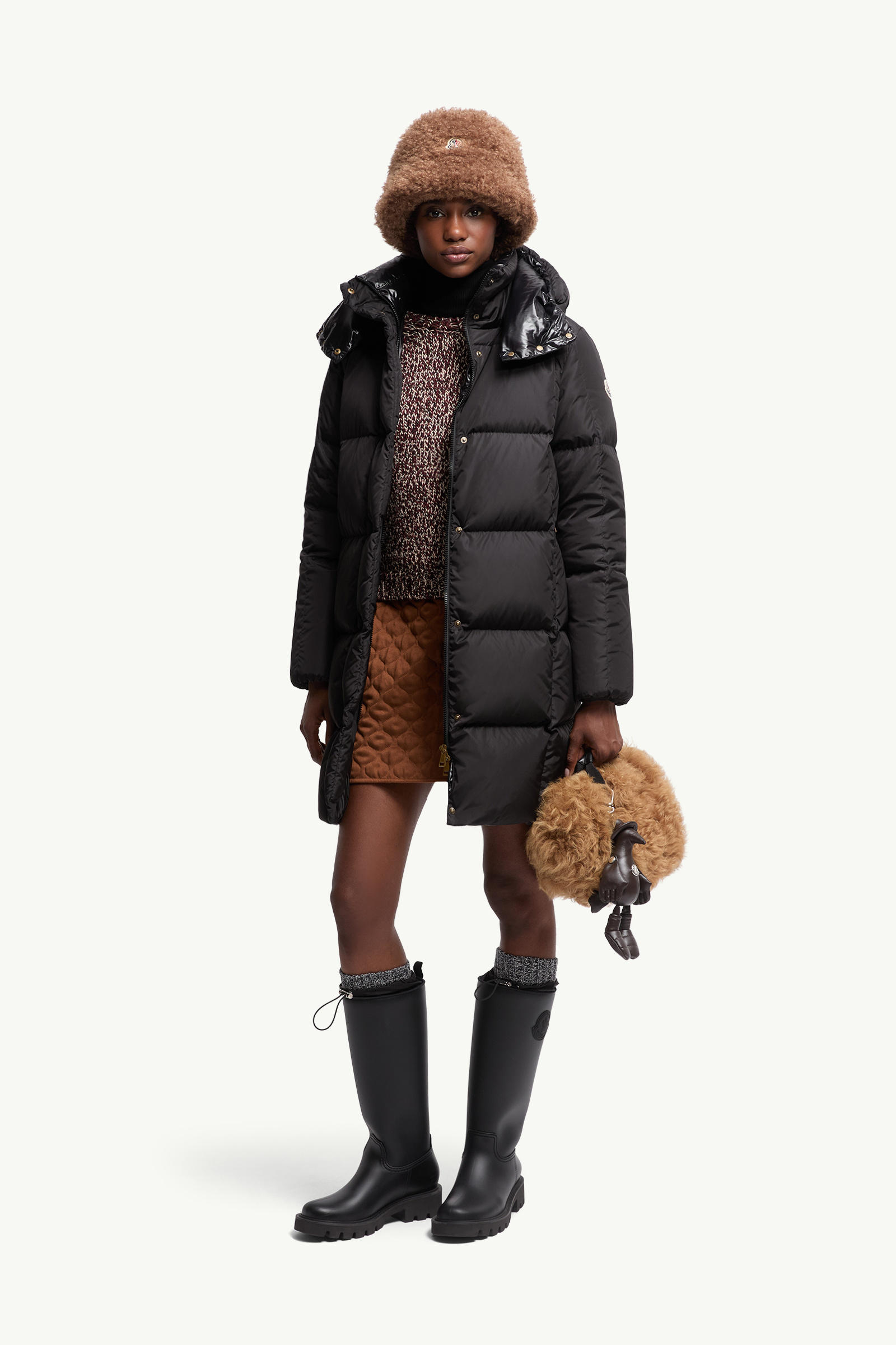 Piumino Lungo Litte con Trapuntatura Quadrata e Cappuccio Donna Nero Moncler 0