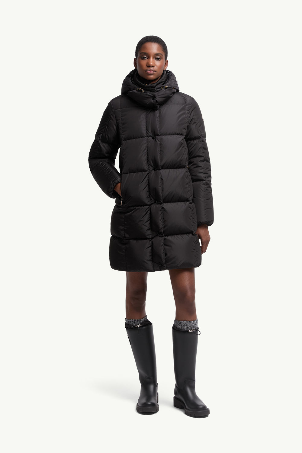 Litte Square-Quilted Hooded Long Down Jacket Women Black Moncler 3