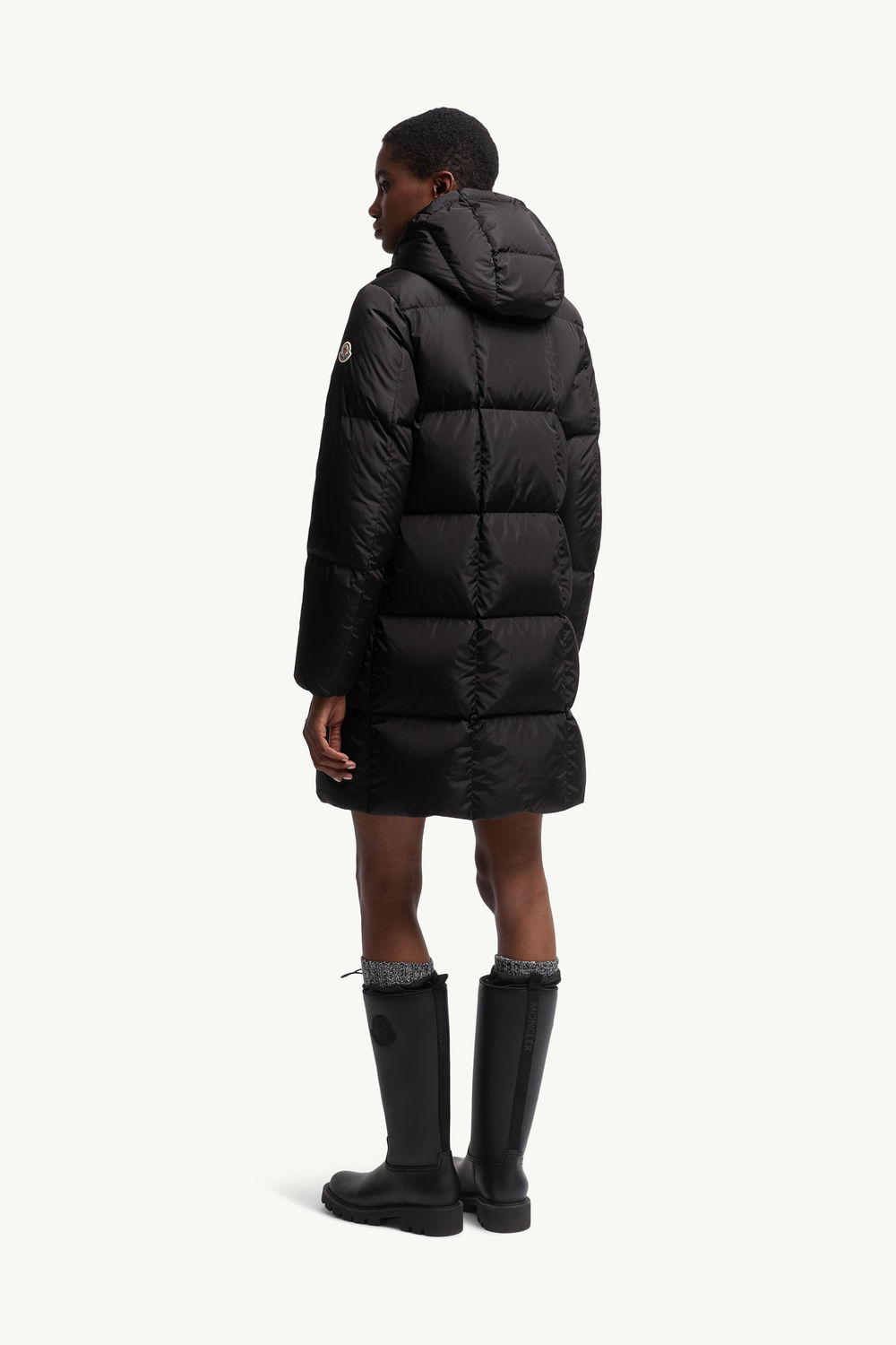 Litte Square-Quilted Hooded Long Down Jacket Women Black Moncler 4