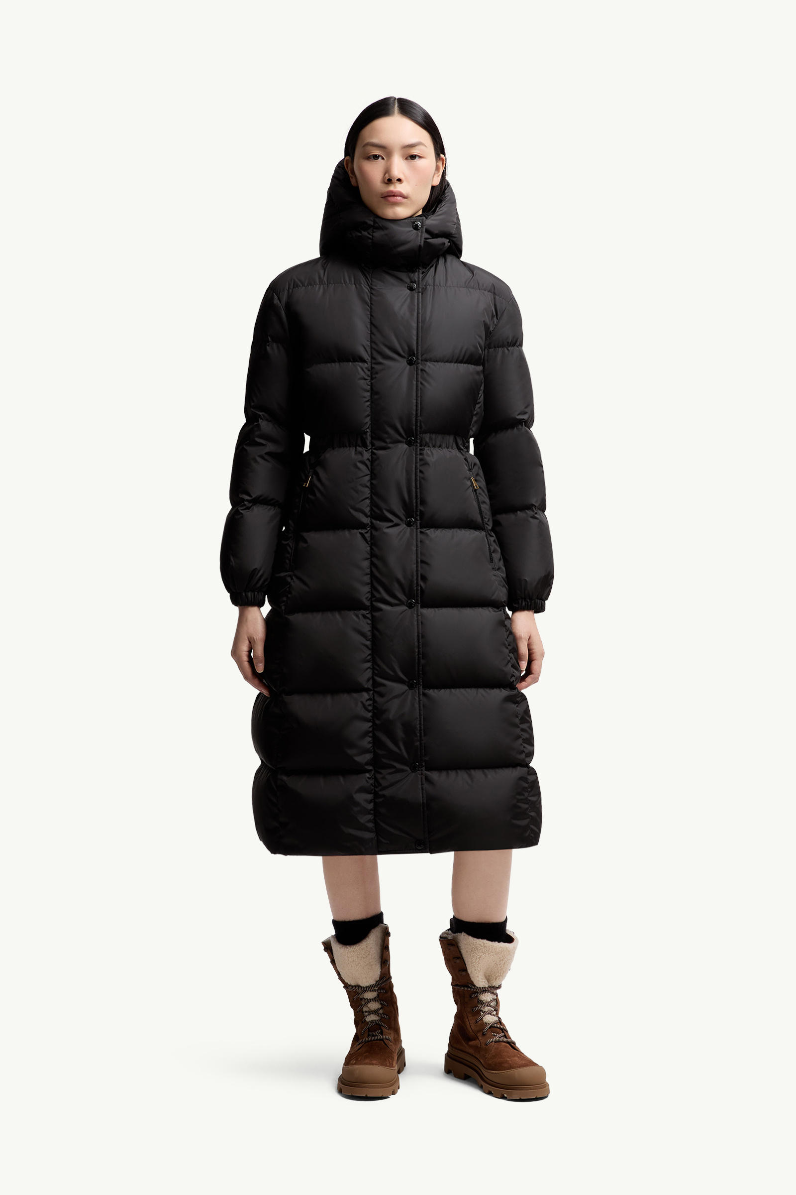 Chamer lange Daunenjacke mit Kapuze und Wollbesatz Damen Schwarz Moncler 3
