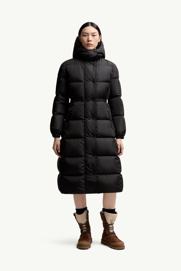 Plumífero largo con capucha y ribete de lana Chamer Mujer Negro Moncler 3