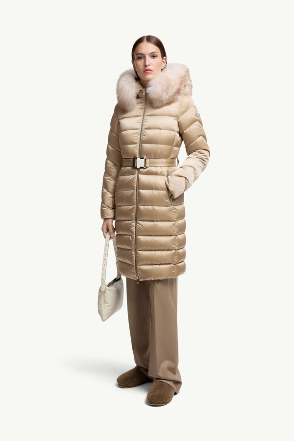 Leersie Hooded Shearling-Trimmed Long Down Jacket Women Beige Moncler 0