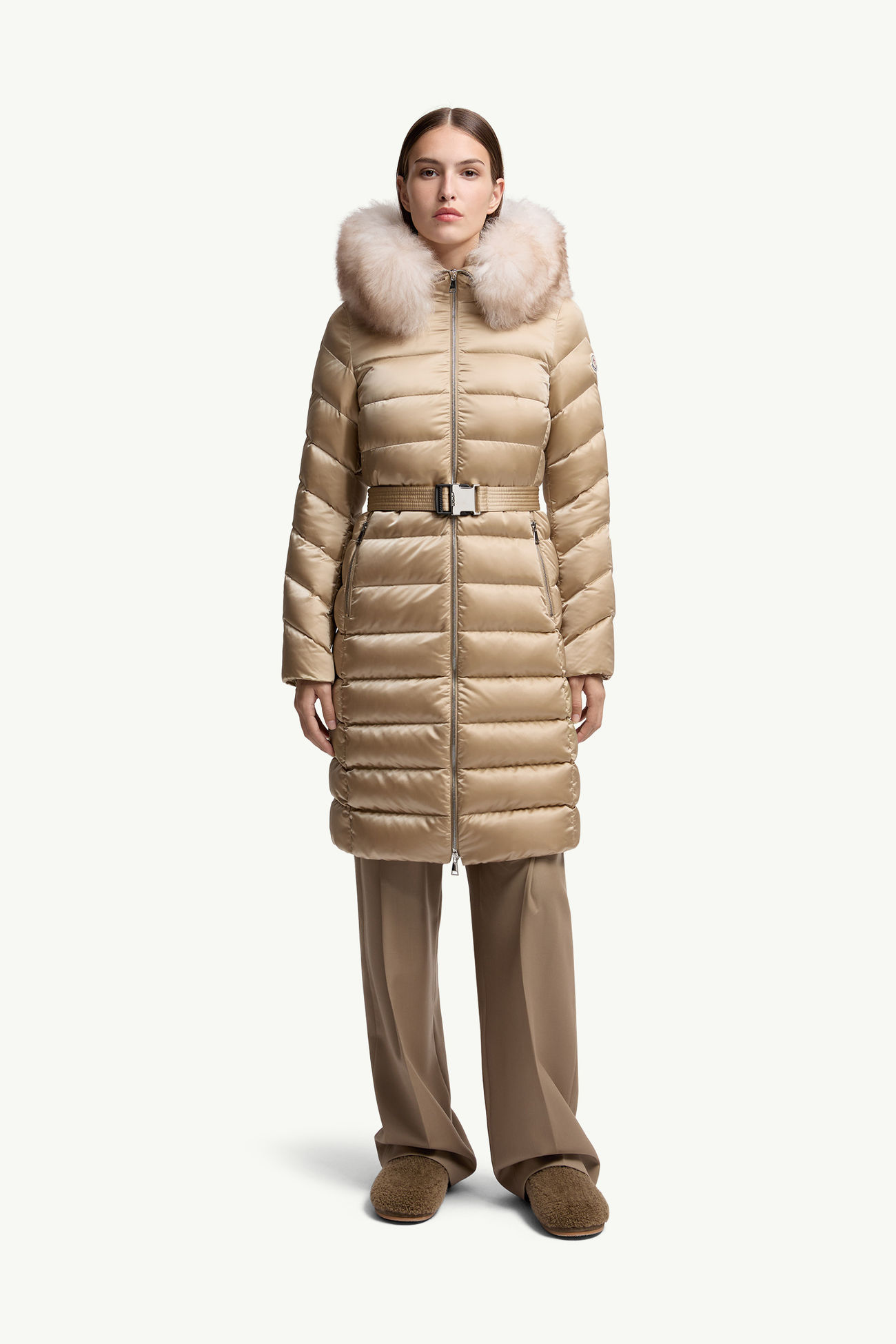 Leersie連帽羔羊毛飾邊長身羽絨外套 女士 米色 Moncler 3